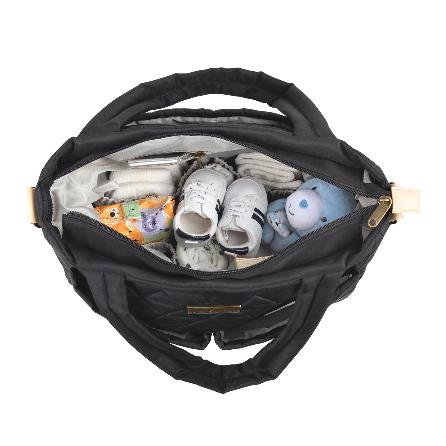 Bolsa de pañales acolchada negra con correa para el hombro, cambiador, 10 bolsillos organizadores para gemelos o trillizos, Negro -, L