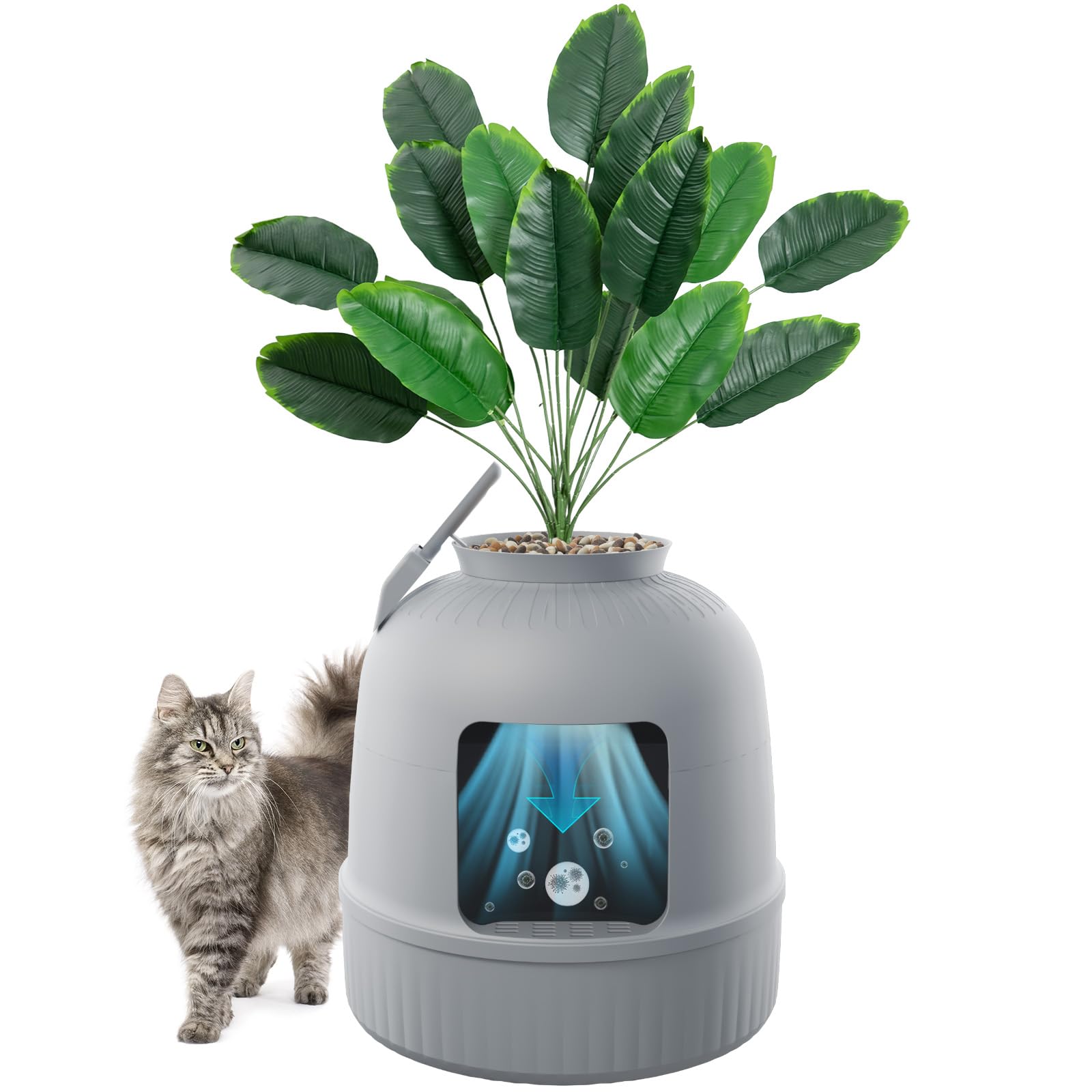 Lifewit Caja de Arena con Planta sintética y Pala para Gatos Grandes, Bandeja de Arena Oculta en Esquina con Control de olores y Filtro de Carbono en salón/Dormitorio/baño, Gris