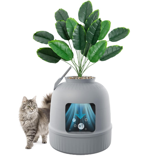Lifewit Caja de Arena con Planta sintética y Pala para Gatos Grandes, Bandeja de Arena Oculta en Esquina con Control de olores y Filtro de Carbono en salón/Dormitorio/baño, Gris