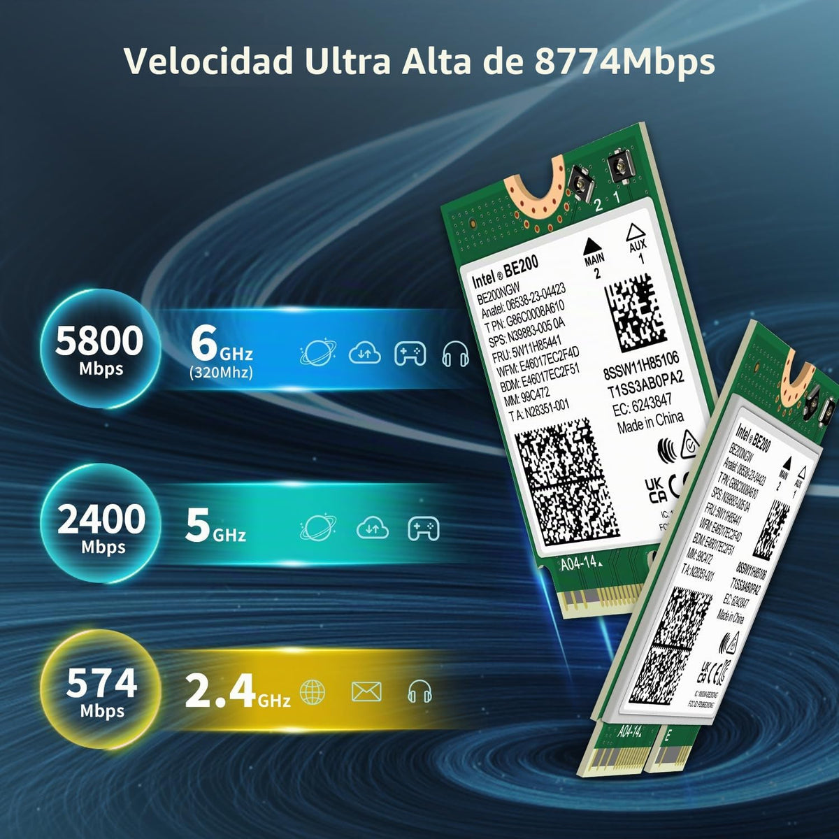 Tarjeta Inalámbrica WiFi 7 GigaPlus Intel BE200 NGW Bluetooth 5.4 5800Mbps M.2/NGFF para Intel 12ª Generación y Superior CPU Windows 10/11 Linux