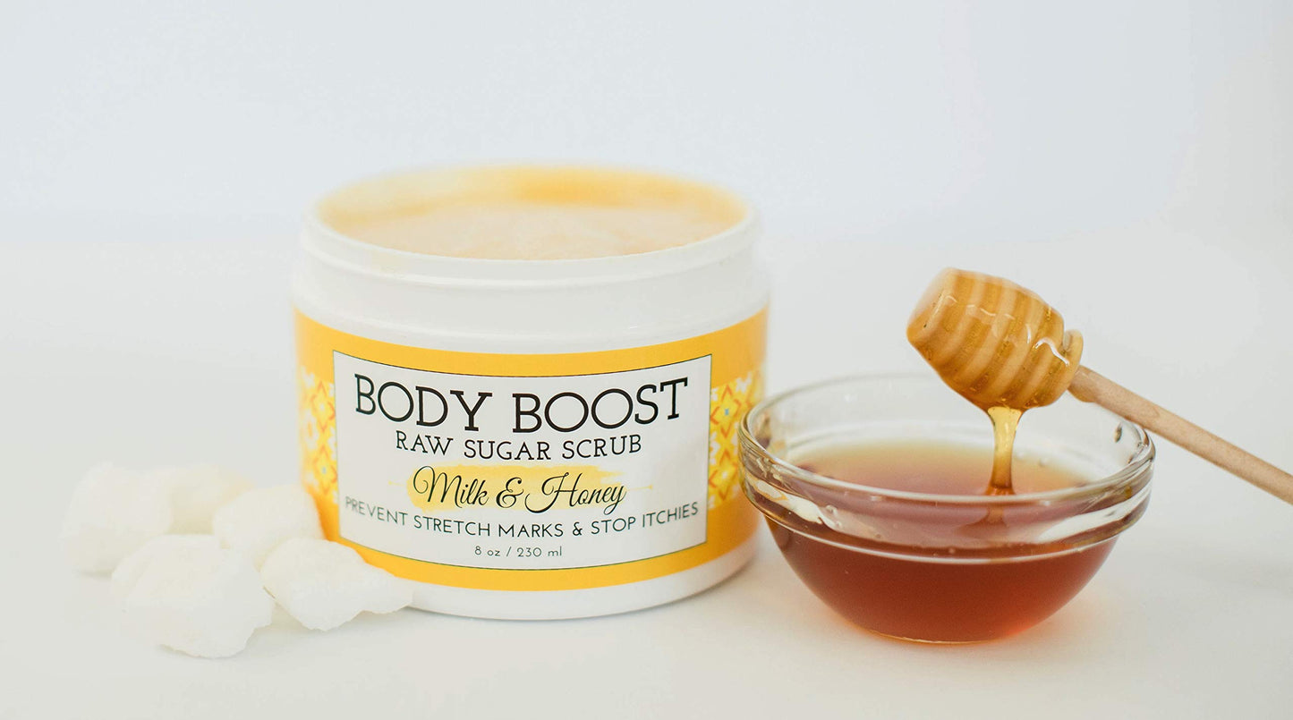 Body Boost Exfoliante de leche y miel para azúcar, 8 onzas, cuidado de la piel seguro para el embarazo y la lactancia