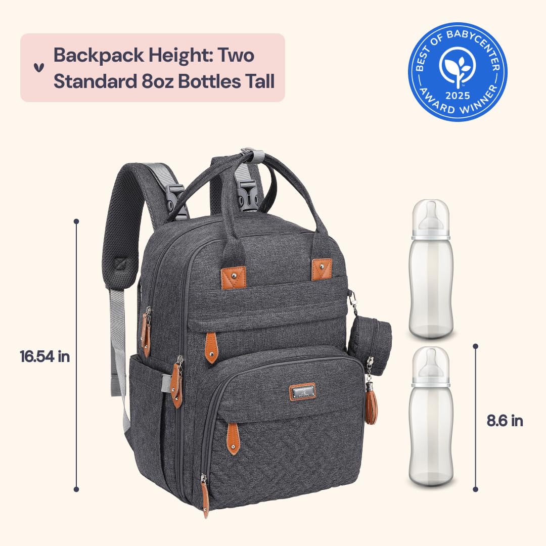 BabbleRoo - Mochila para pañales, multifuncional, impermeable, bolsa de pañales para bebé, con cambiador, correas para carriola y funda para chupete, unisex, gris oscuro