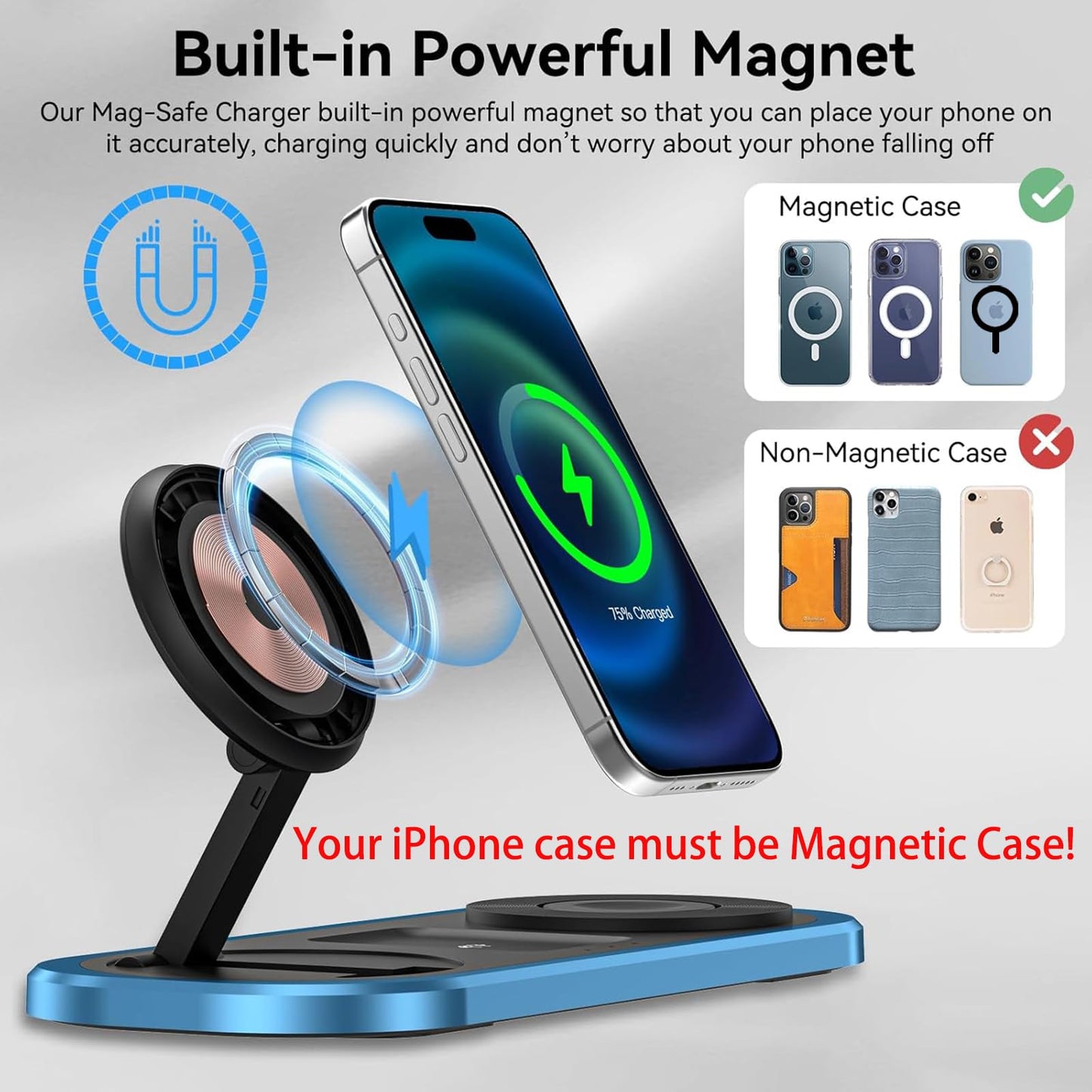 Cargador inalámbrico 3 en 1, estación de Carga magnética Plegable para Magsafe para iPhone 16/15/14/13/12/Pro MAX/Pro/Mini/Plus, Apple Watch 10/9/8/7/SE/6/5/4/3/2/1/Ultra2/Ultra, AirPods pro/2/3/4