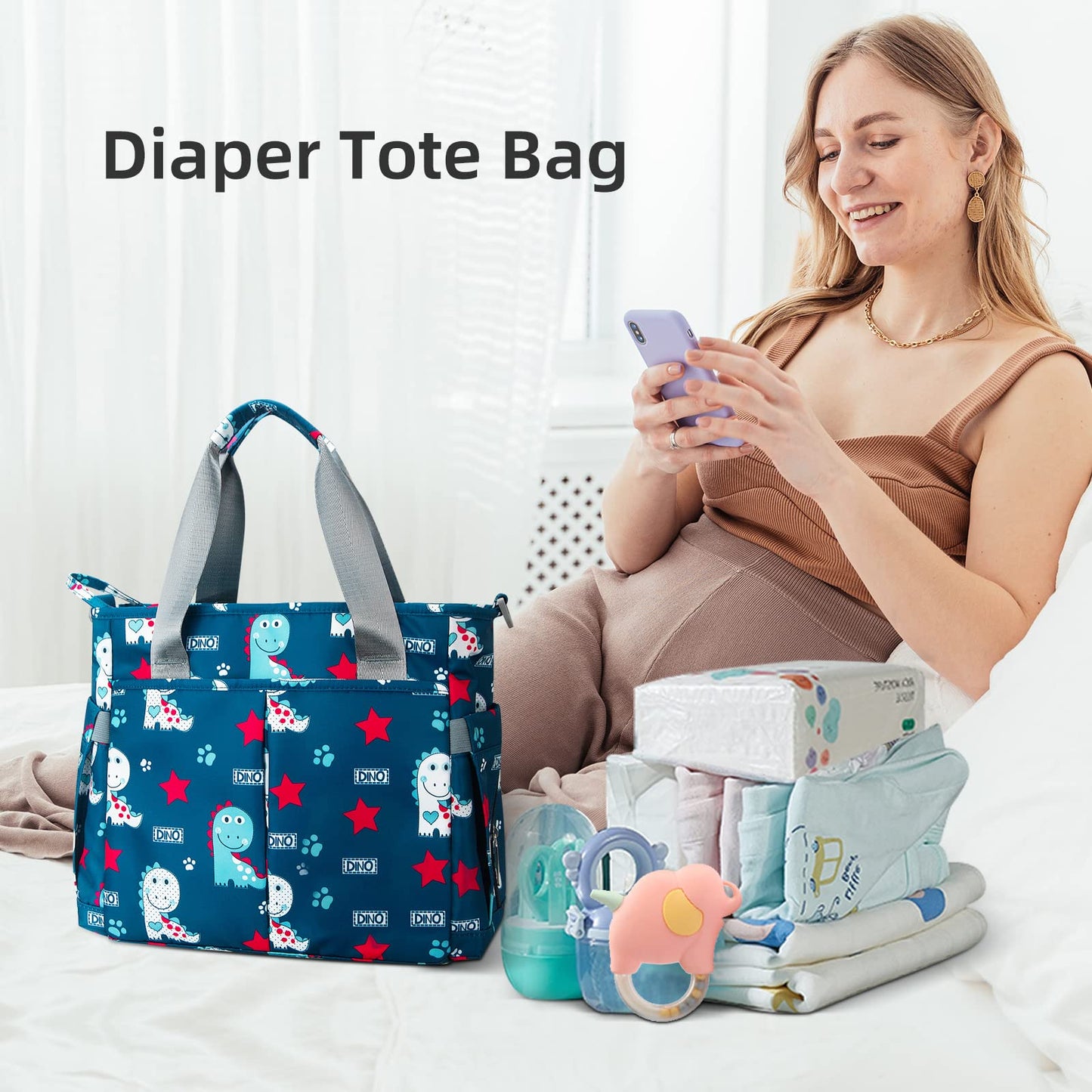 PHEBEN - Bolsa de pañales impermeable para bebé con mensajero para mamá y papá, multifuncional, tamaño mediano (lindo dinosaurio)