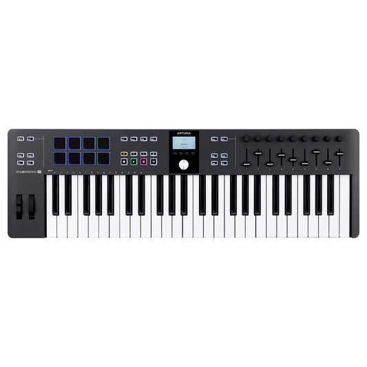 Arturia KeyLab Essential 49 mk3 - Teclado driver MIDI para producción musical, paquete de software todo en uno - 49 teclas, 9 codificadores, 9 atenuadores, 1 rueda de modulación, 1 rueda de curvatura, 8 almohadillas para orejas, negro
