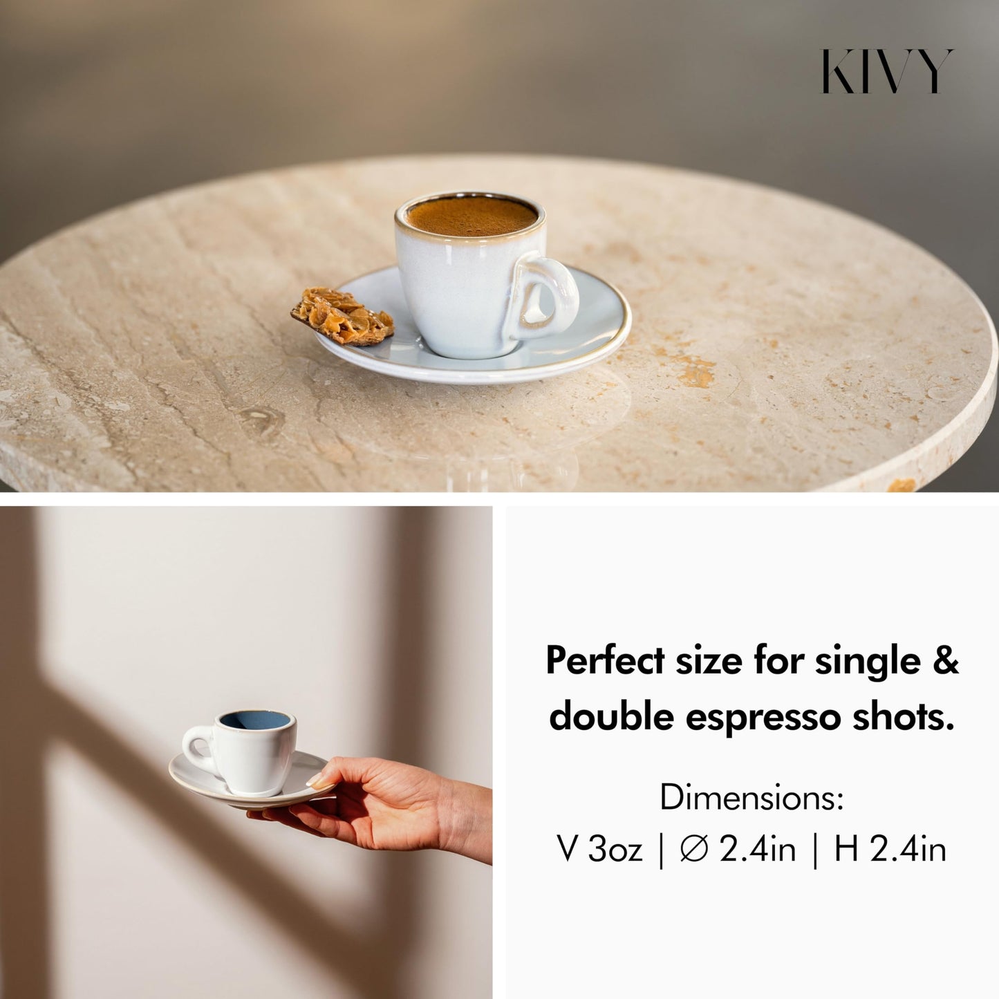KIVY - Juego de 4 tazas de café expreso de 3 onzas, tazas y platillos de gres de pared gruesa, taza y platillos expresso de estilo italiano, color azul