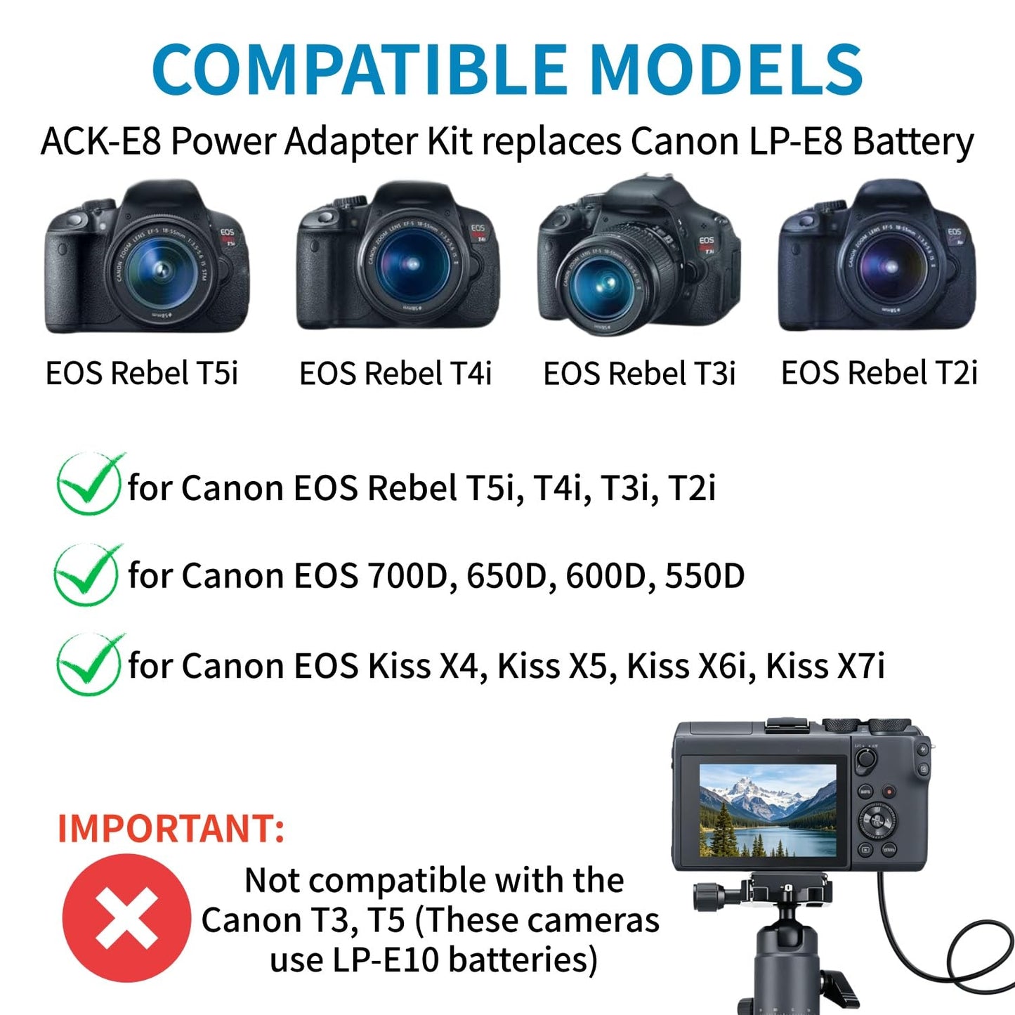 Kimaru Adaptador de Corriente CA LP-E8 Dummy Battery DR-E8 Kit de Acoplador DC para Cámaras Canon T2i, T3i, T4i, T5i, 700D, 650D, 600D, 550D, Kiss X4, X5, X6i, X7i