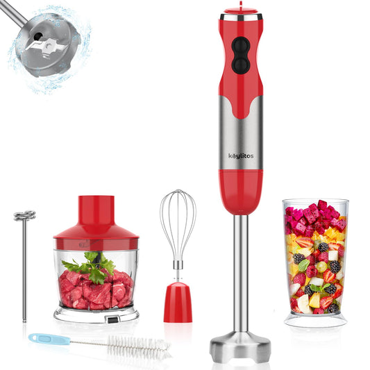 Keylitos Batidora de mano roja de 600 ml con accesorios 5 en 1, Turbo Boost y control de velocidad ajustable
