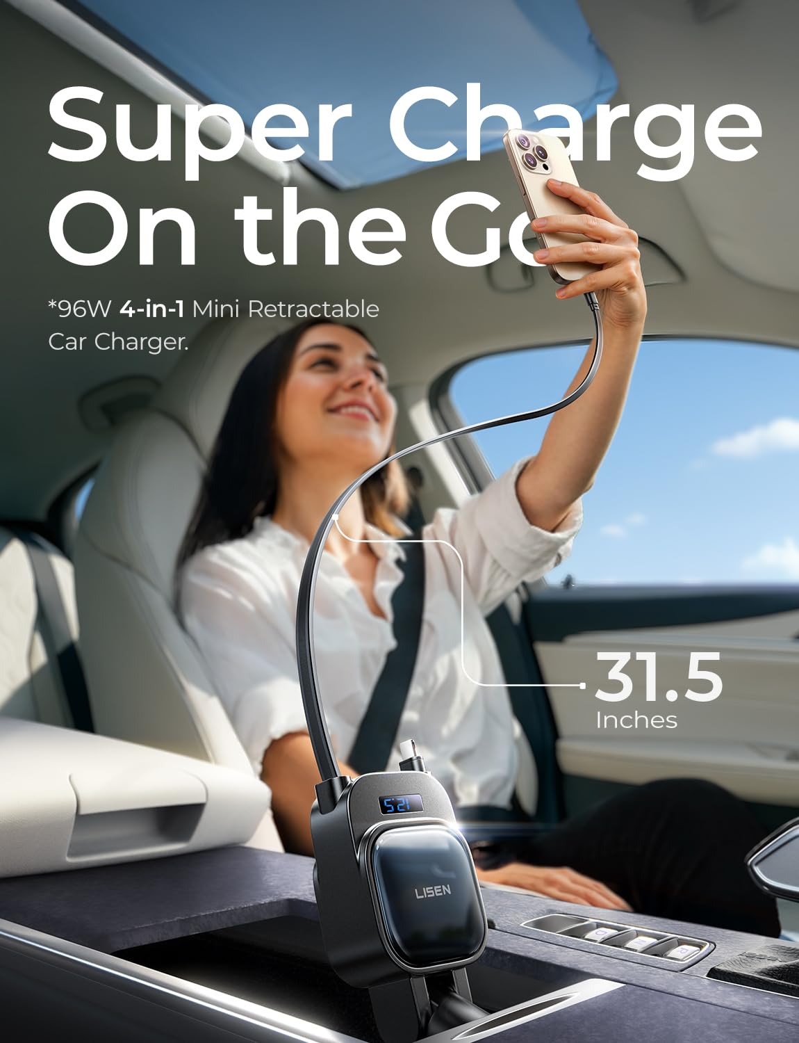 LISEN 96W Cargador de Auto Retráctil [2025 Actualizado] 4 en 1, Cargador de Coche USB C con iPhone Cable&30W Cable USB C, para iPhone 16/15/14, Galaxy S25/S24/S23 Ultra, Xiaomi, iPad Mini