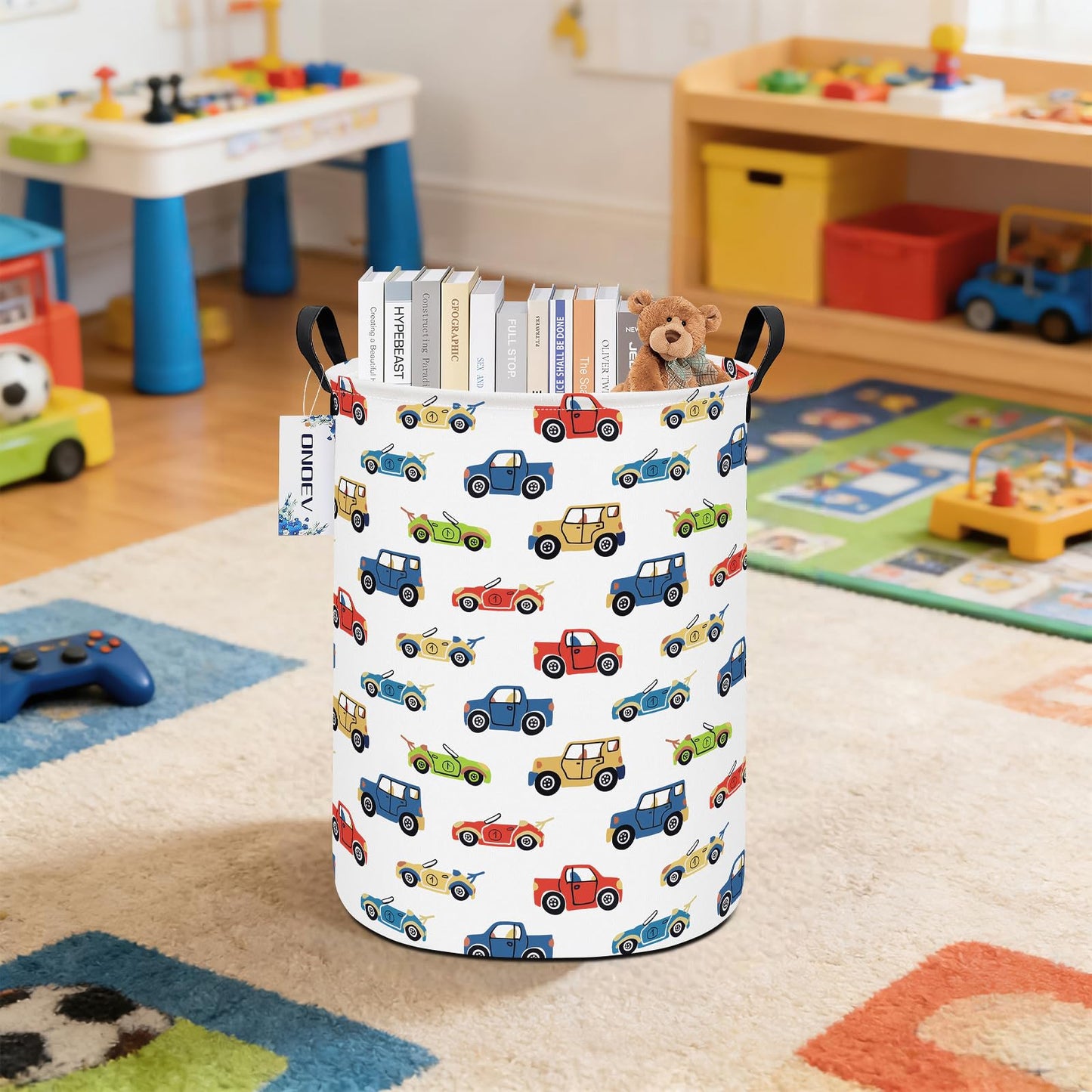 ONOEV Cesta de Ropa Sucia Redonda y Plegable con Forma de Coche de Carreras para niños, Ideal para decoración del hogar y Almacenamiento de Juguetes (Coche).
