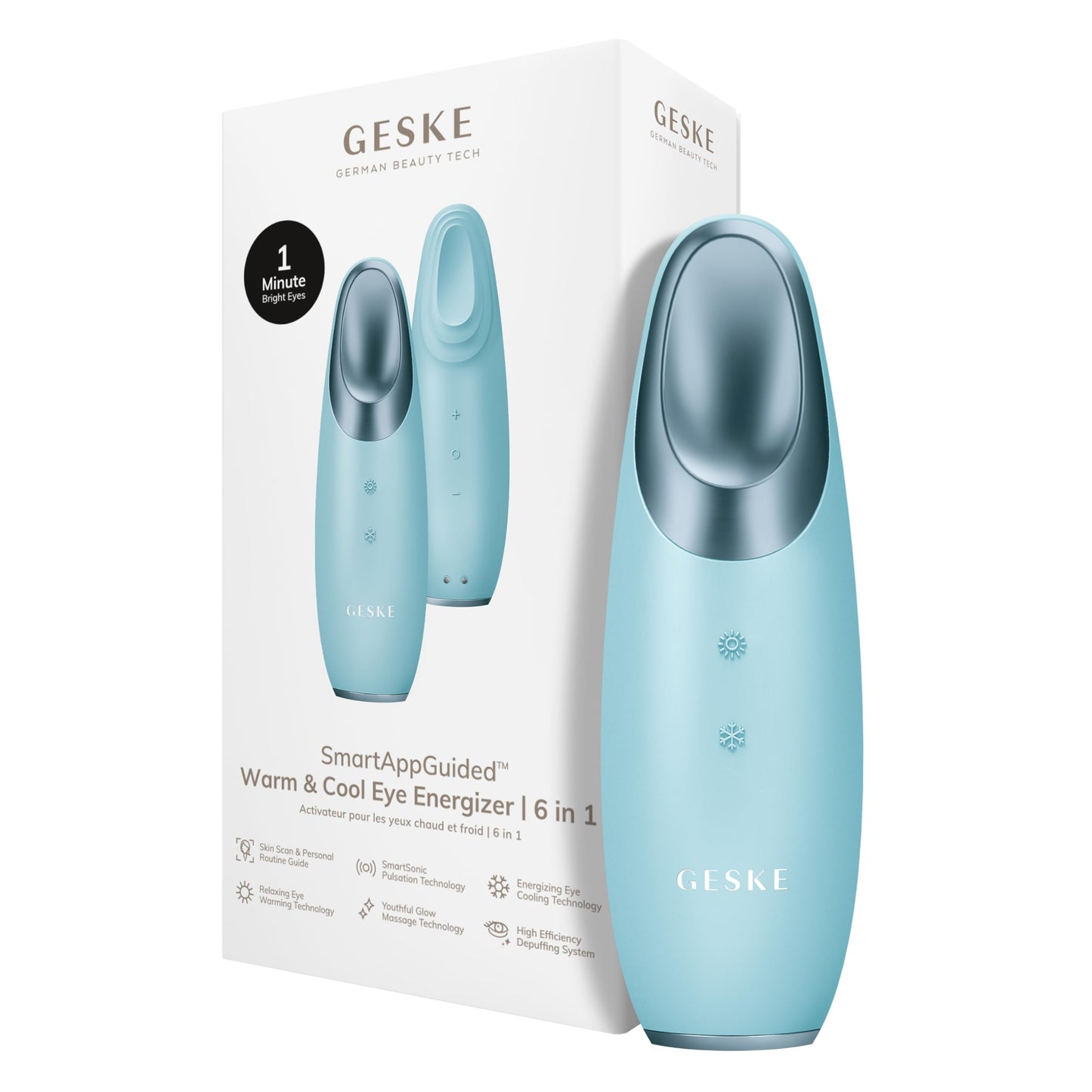 GESKE | SmartAppGuided™ Warm & Cool Eye Energizer | 6 en 1 | Masajeador de ojos | Masajeador anti ojeras | Eliminar bolsas y párpados caídos | Masaje ocular eléctrico