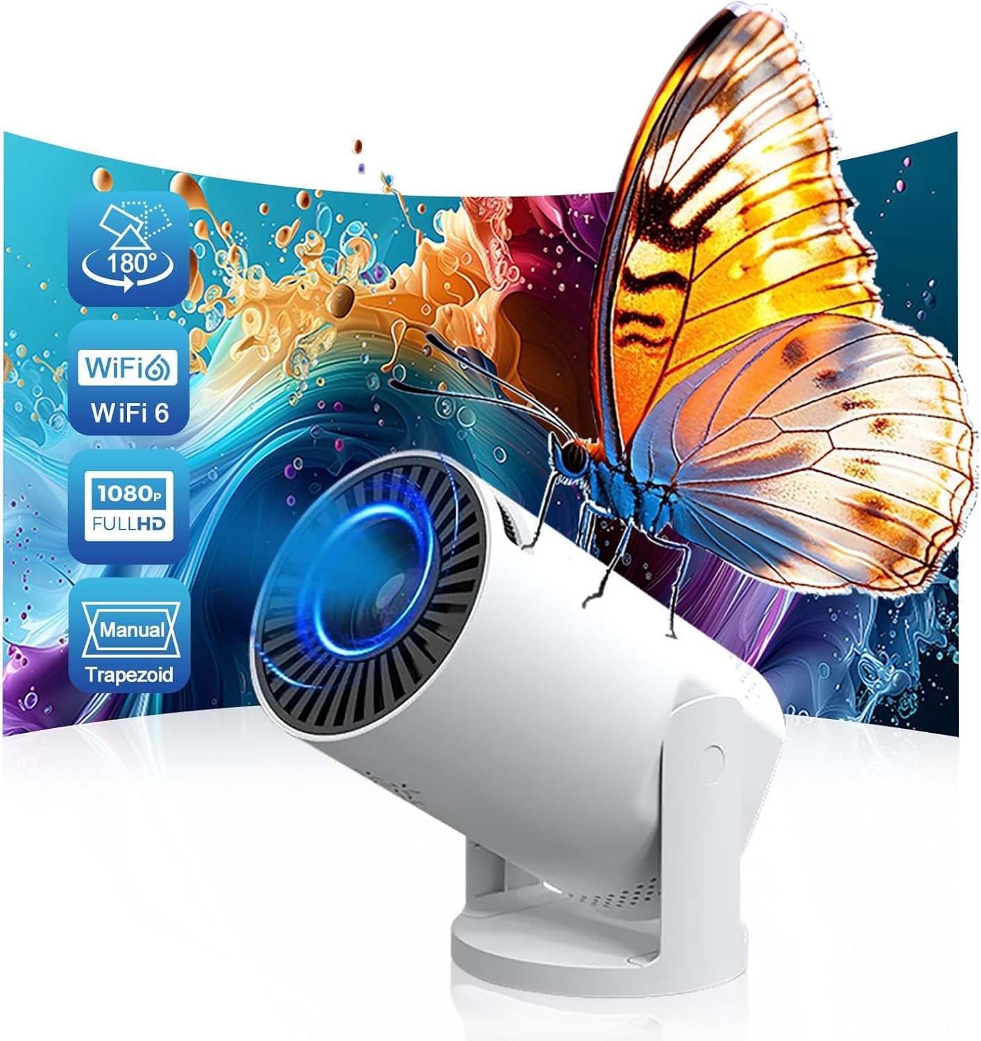 KicthMap Mini Proyector Inalámbrico con WiFi 6 y Bluetooth, Soporte 1080P Proyector Portátil Giratorio de 180°. Proyector de Video de Pantalla de 17"-130". Compatible con Smartphone, Laptop, PC