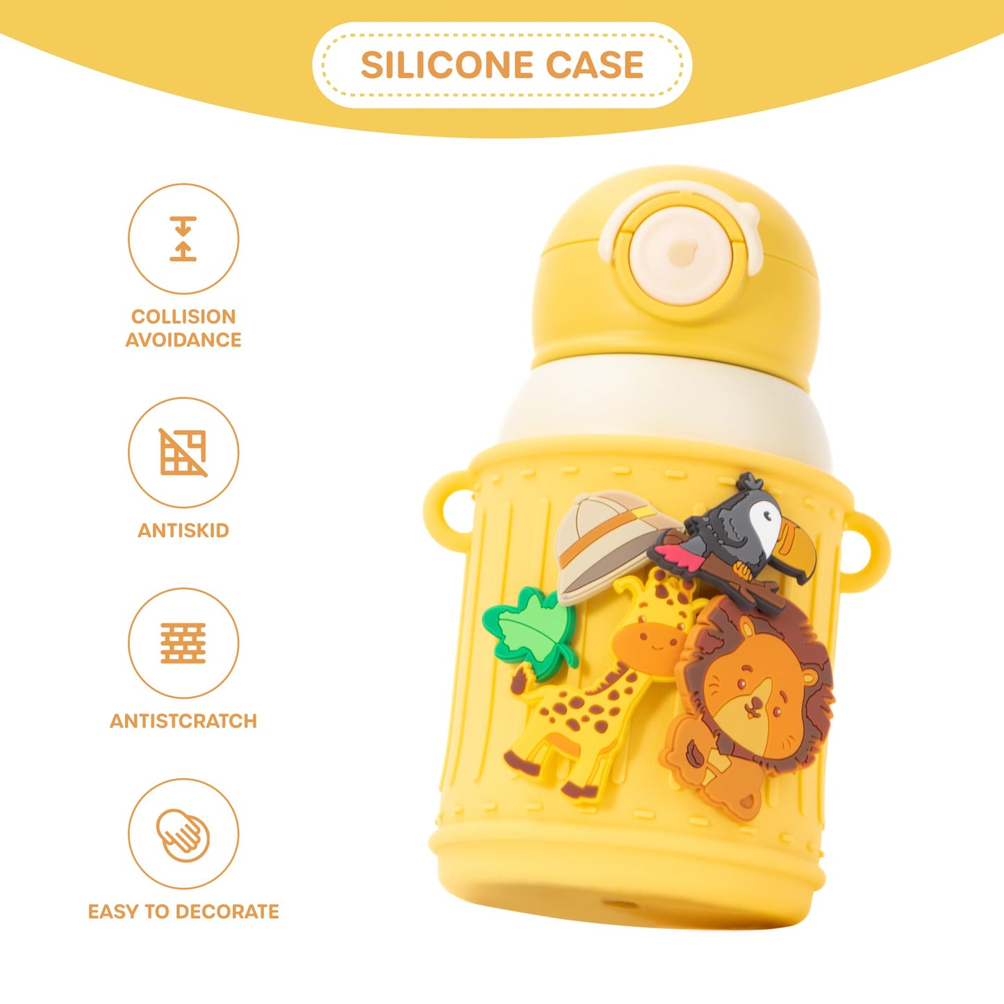 Le Glacier - Juego de vasos aislantes para niños, 16 onzas, botella de agua de acero inoxidable con tapa de popote y tapa para verter, taza a prueba de fugas, funda de silicona, dijes y correa