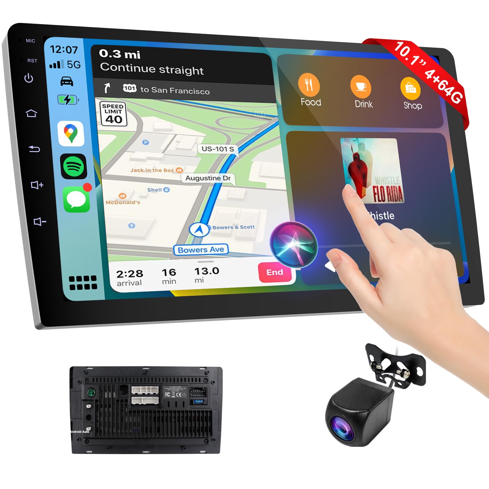 Estéreo de Coche Inalámbrico Doble DIN con Pantalla 10.1 Pulgadas y Cámara de Respaldo