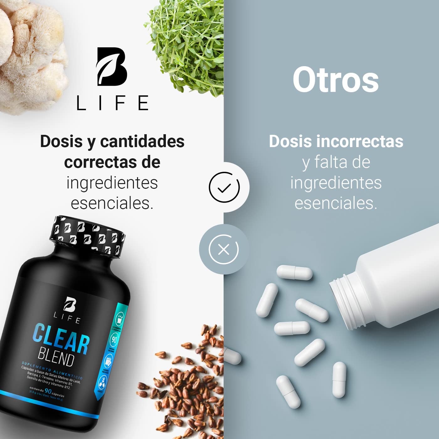 Clear Blend de 90 cápsulas. Ingredientes naturales: Hongo Melena de León, Bacopa, L-Tirosina, L-Teanina, Vitamina B1, Semilla de Uva Roja y Vitamina B12. Clear Blend B Life.