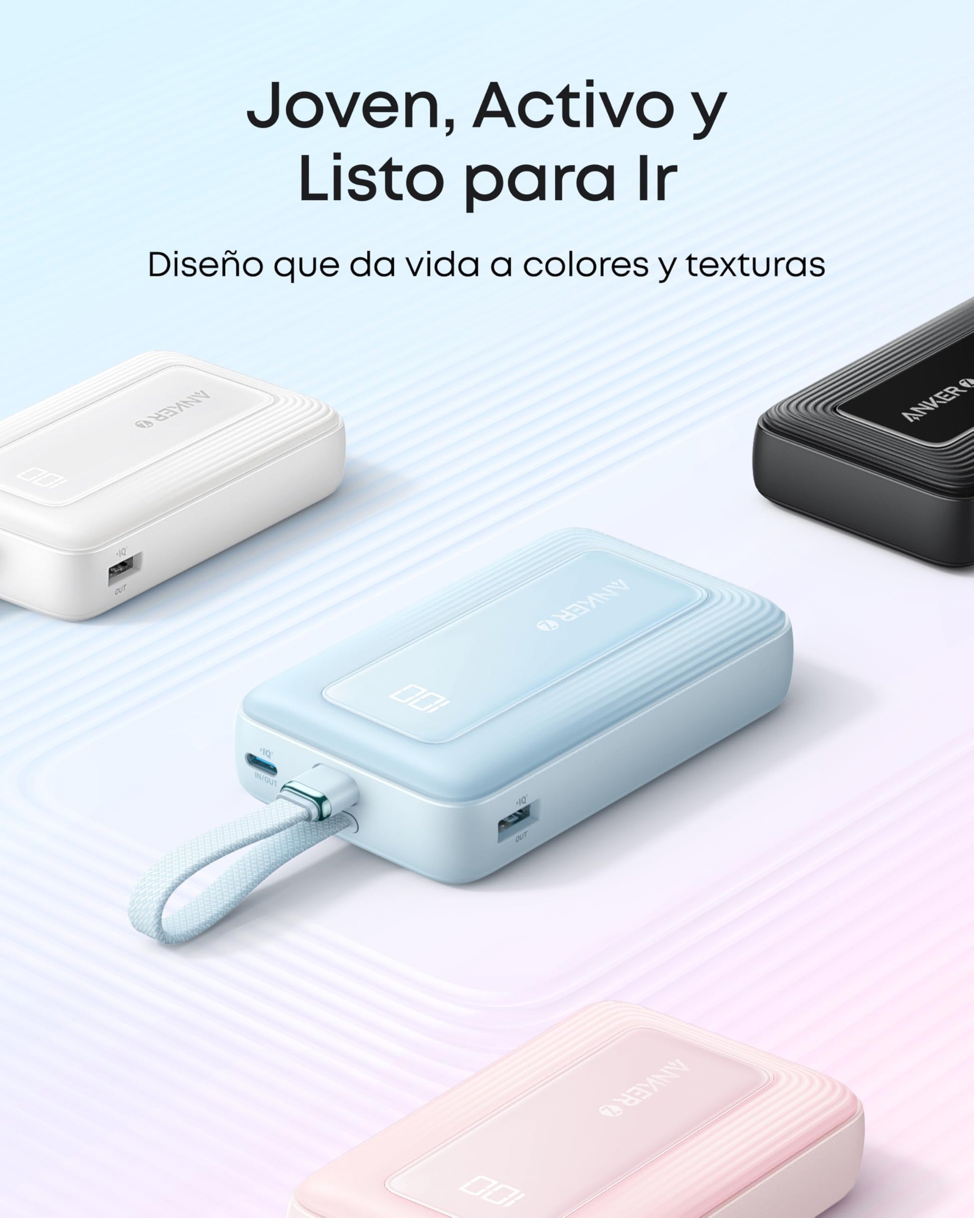 Power Bank Anker Zolo Negro 10000 mAh 30W con Cable USB C Integrado para iPhone, MacBook, Galaxy