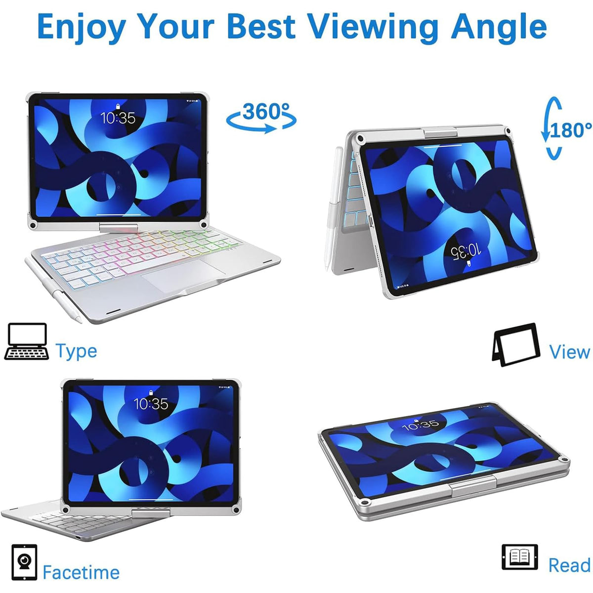 Funda con Teclado Rotación 360° zienstar Plateado Retroiluminado para iPad Air M2/M3/M4