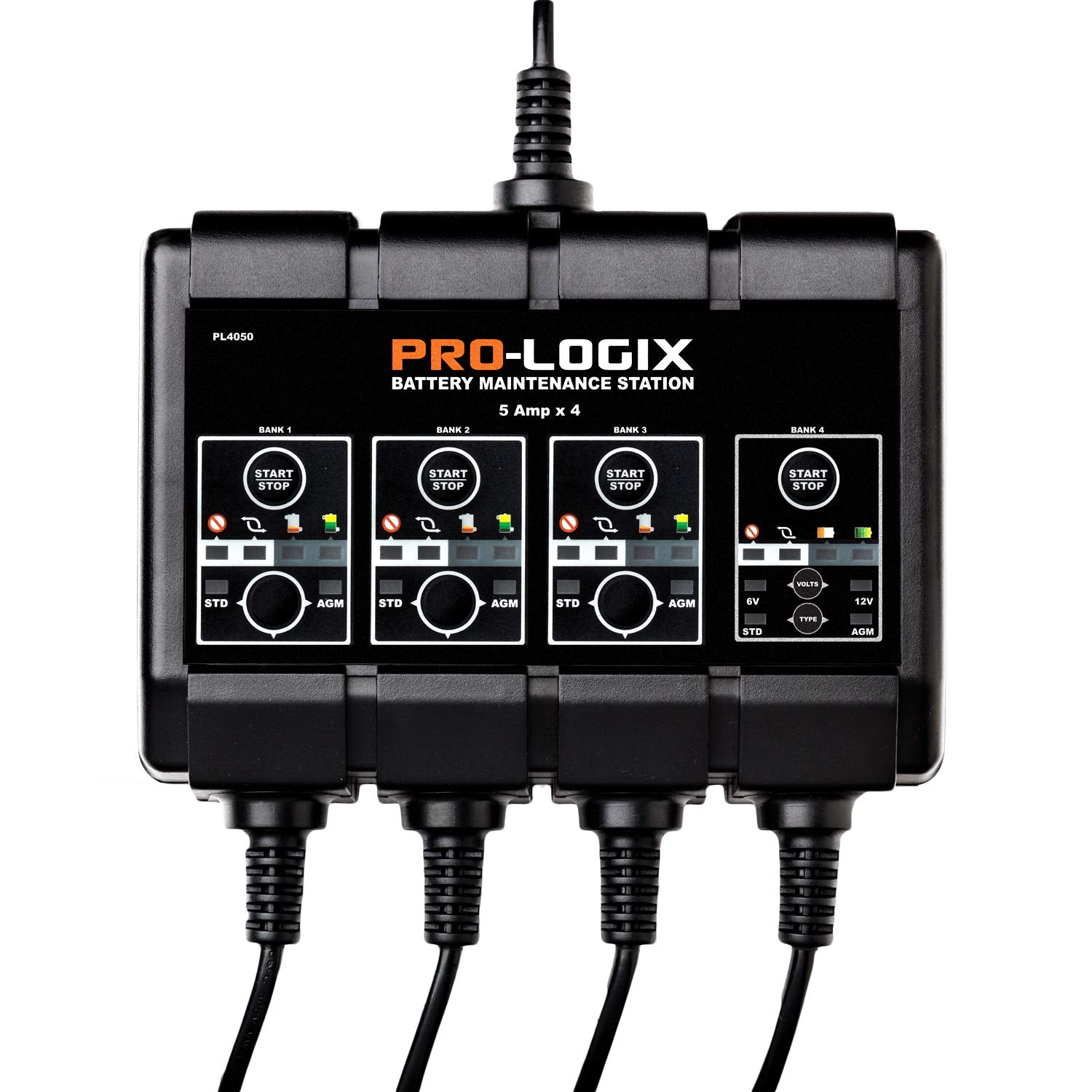 Clore Automotive PL4050, Pro-Logix 4 bancos, 20 amperios (5 amperios por banco) cargador inteligente totalmente automático, cargador de batería de 6 V y 12 V, mantenedor de batería y desulfador de batería con compensación de temperatura
