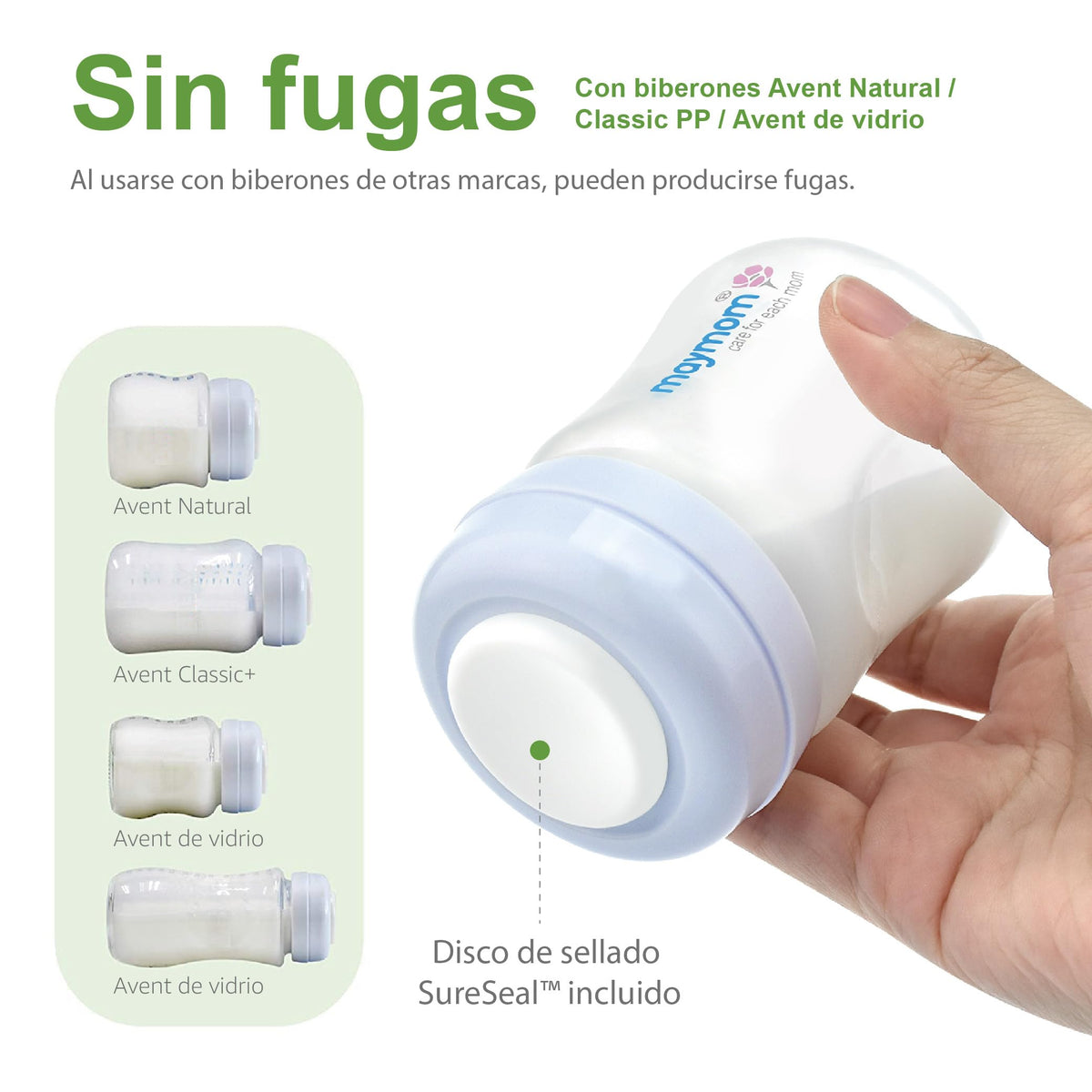 Maymom botella de boca ancha para recolección y almacenamiento de leche materna de 9 oz; disco SureSeal reescribible. Compatible con Spectra S2, Spectra S1, Spectra 9+ y extractores Avent