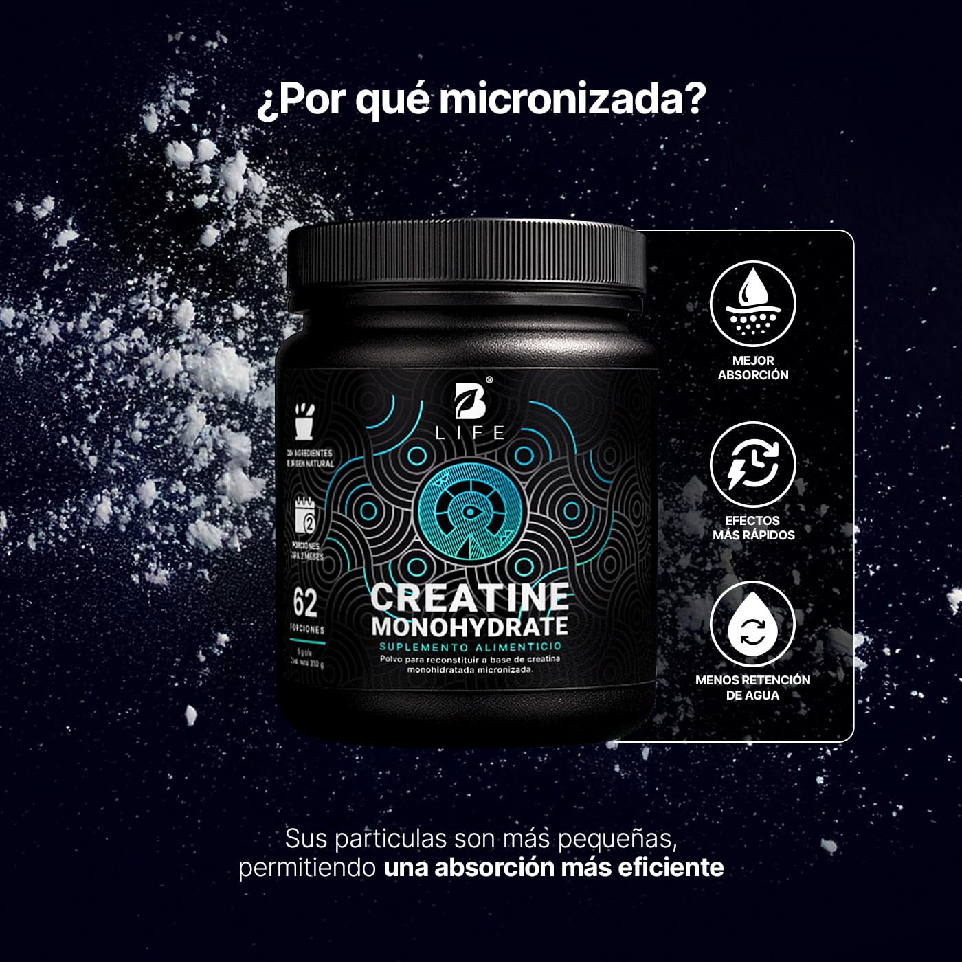 B Life Creatina Monohidratada 310 g en polvo | 62 Servicios | 5 g por porción | Alta Pureza | Creatine Monohydrate.