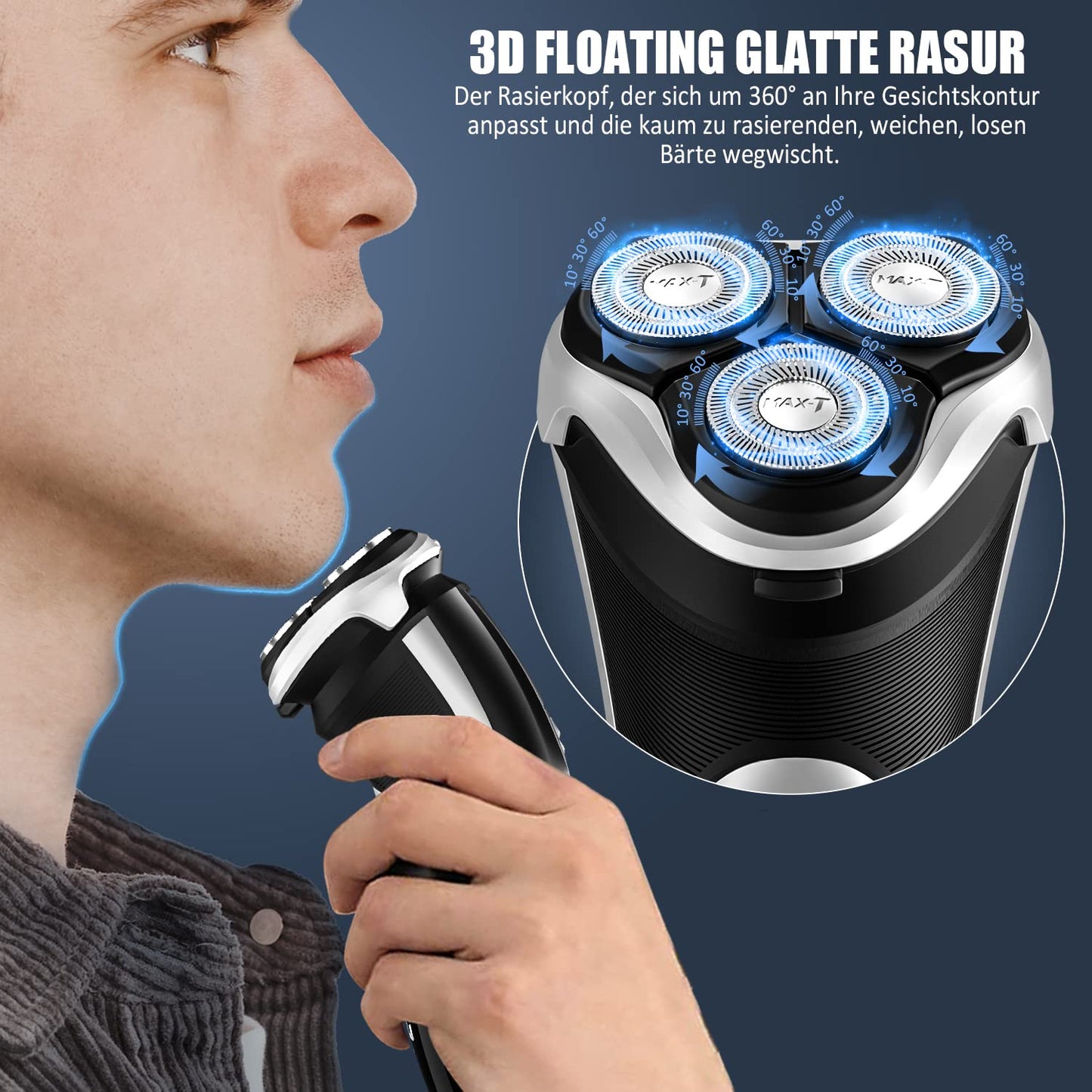 MAX-T Electric Shaver Quick Rechargeable Rotary Shaver with Pop Up Trimmer IPX7 100% Waterproof Wet & Dry Electric Razor