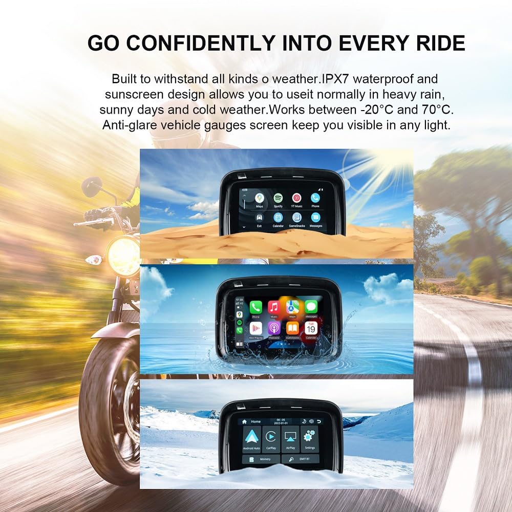 Sunweyer CarPlay portátil inalámbrico Android Auto para motocicleta, pantalla táctil impermeable IPX7 de 12.7 cm (5 pulgadas), navegación GPS automática, Bluetooth dual 5G, compatible con Siri/Google