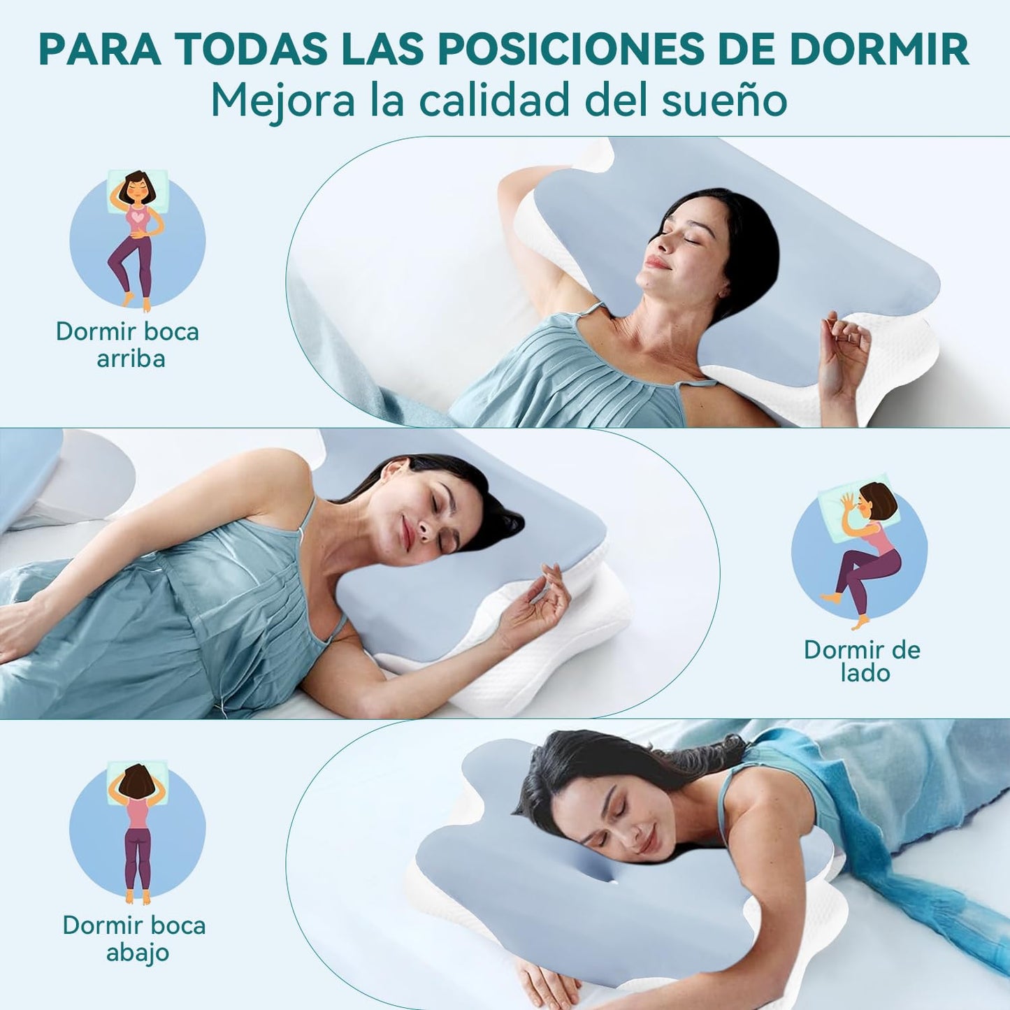 LINGLUCKY Almohada Memory Foam 2en1, Almohada Cervical Ortopédica Ergonómica para Aliviar el Dolor de Cuello,Soporte Ortopédico Contorneado para Personas Que Duermen de Lado,Boca Abajo y Boca Arriba