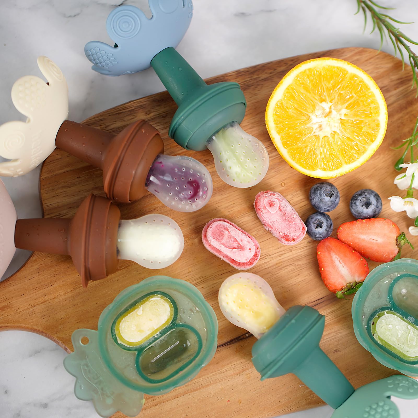 Haakaa - Alimentador de alimentos de frutas frescas para bebé con mini bandeja para congelador, molde de paletas de leche materna para alivio de enfriamiento del bebé, alimentador de malla de silicona