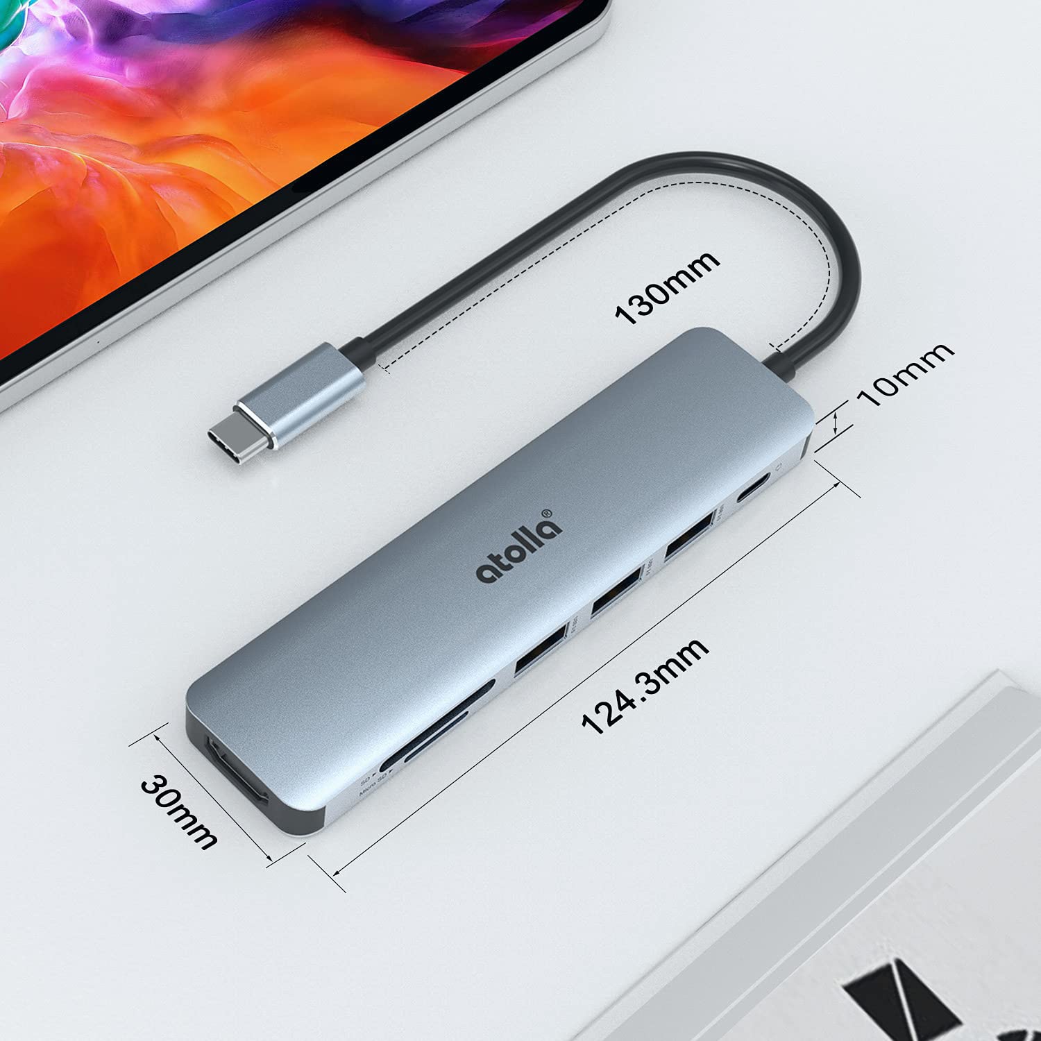 atolla USB C HUB, 7 en 1 Adaptador USB C a HDMI 4K, 100W PD Carga, 3 x USB 3.0, Lector de Tarjetas SD/Micro SD, Compatible con MacBook Pro (Thunderbolt 3), XPS y Más Dispositivos Tipo C