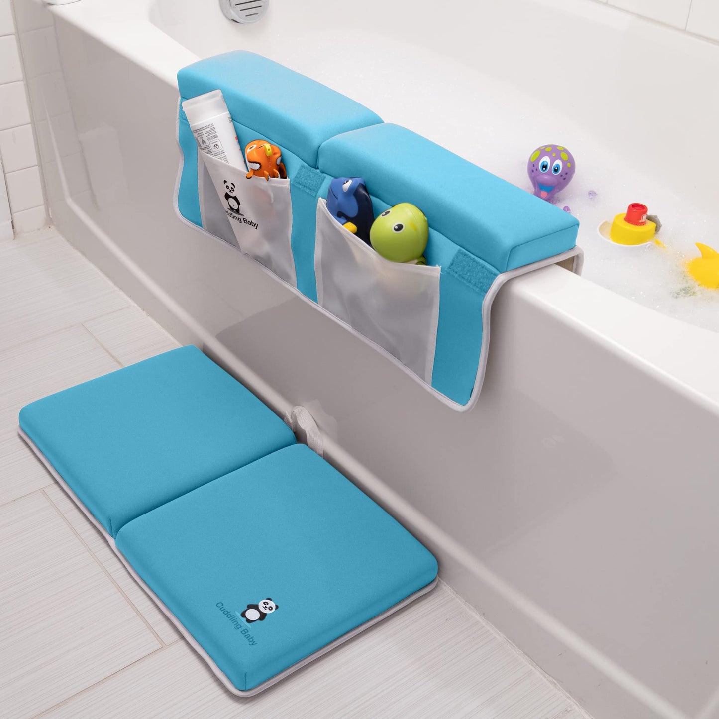 Cuddling - Juego de 2 alfombrillas de baño para bebé de alta calidad, almohadilla antideslizante para rodillas con bolsillos de almacenamiento, lavable a máquina, paquete de almohadillas para orejas
