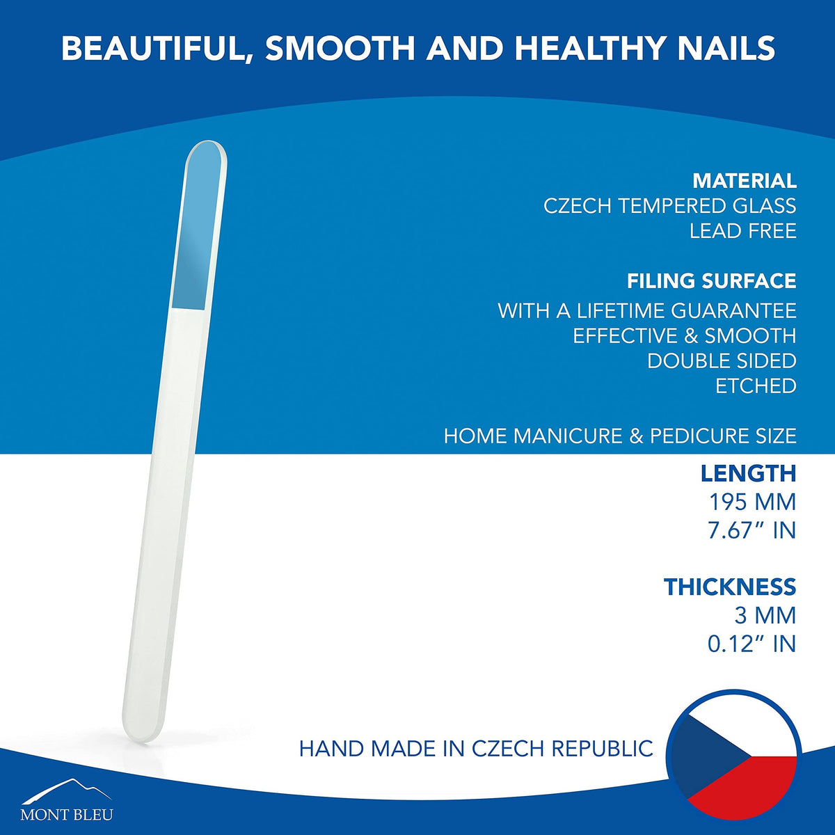 Mont Bleu - Lima de uñas de cristal profesional grande, cristal templado checo, hecho a mano en la República Checa