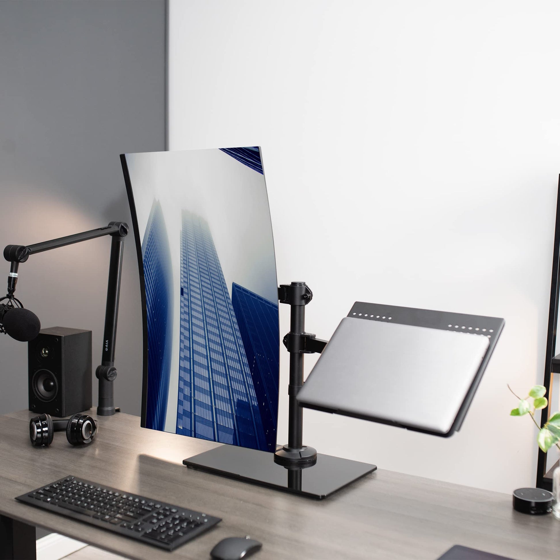 Soporte para Monitor y Portátil Vivo Negro con Base de Vidrio, Adaptable hasta 32 Pulgadas