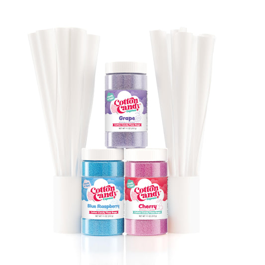 Cotton Candy Express Paquete variado de azúcar de hilo dental con tarros de plástico de 3 a 11 onzas de cereza, frambuesa azul y azúcar de uva más 50 conos de algodón de papel