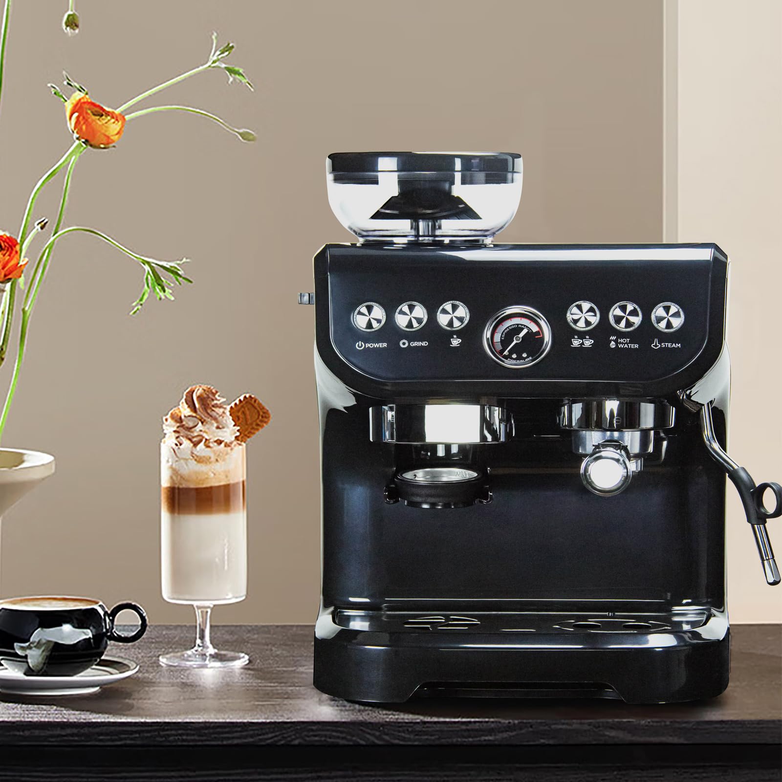 Máquina de Café Espresso MIROX Negra con Molinillo y Espumador Integrados