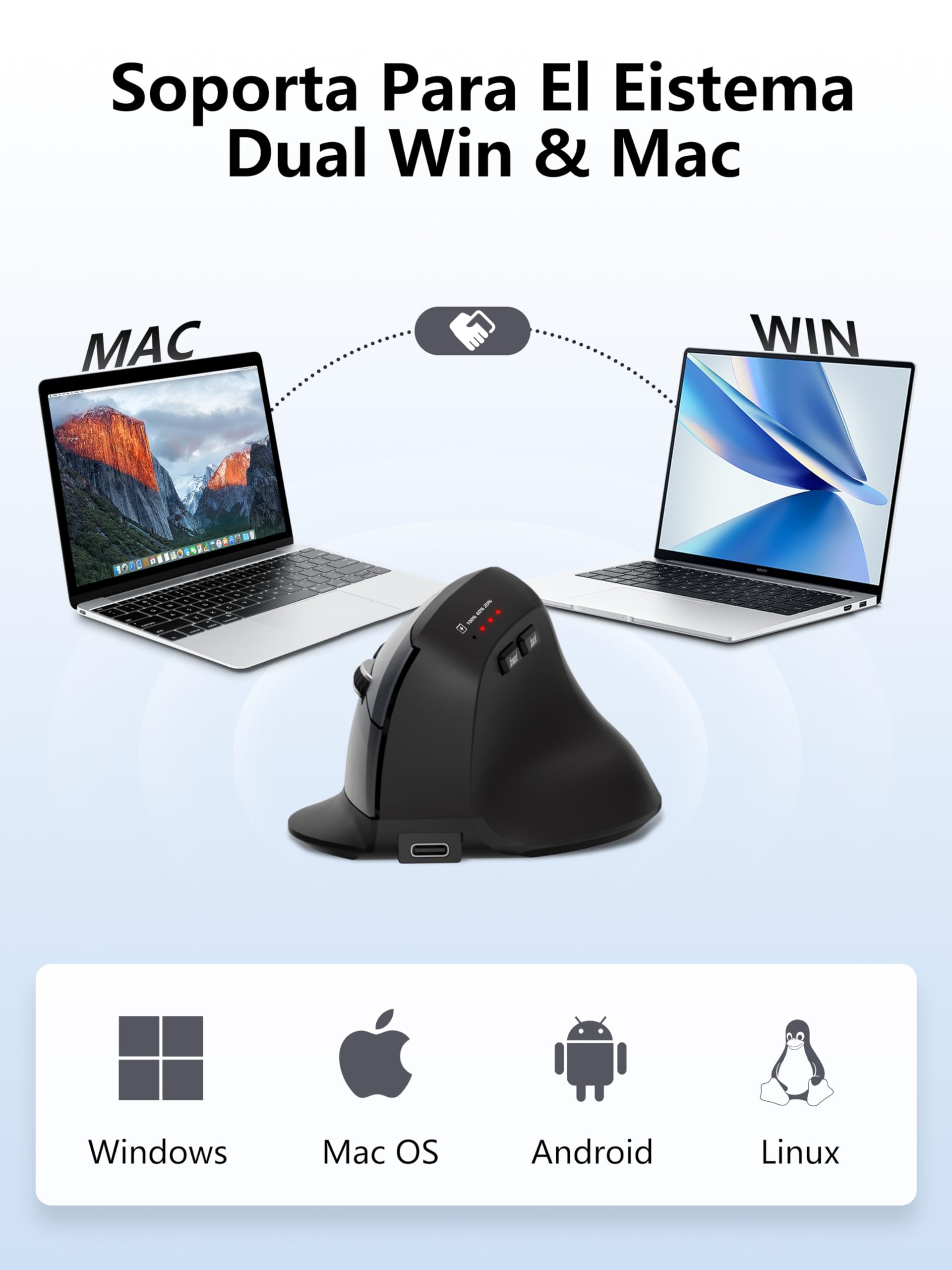 Ratón Vertical Bluetooth 5.2 Minielec Negro Ergonomía Recargable USB C 2.4Ghz 3 Niveles dpi