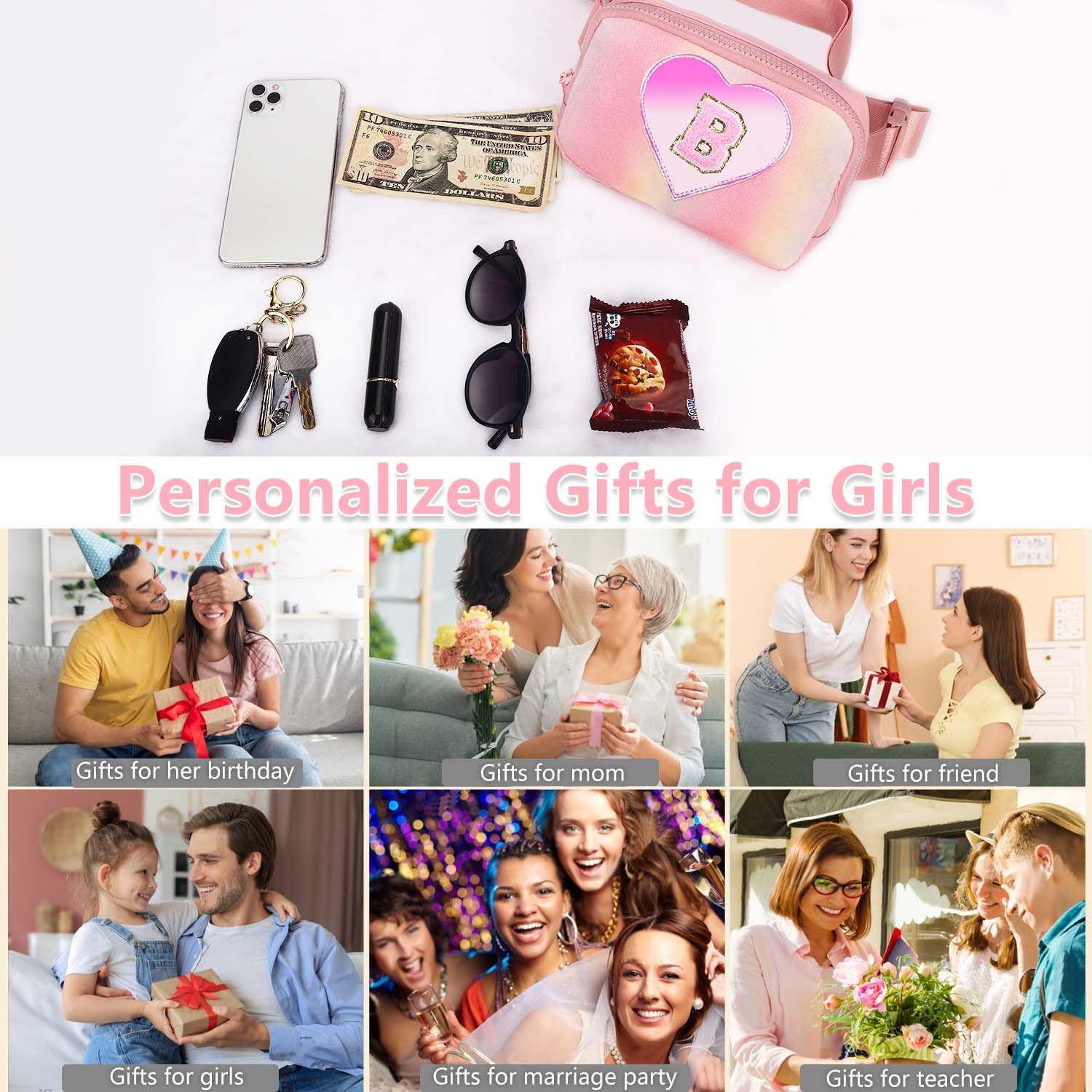 Kejea Riñonera Cruzada para Niñas y Mujeres, 8 a 12 Años, Rosa (Glitter Pink), 8.26 x 1.9 x 5.1 Pulgadas