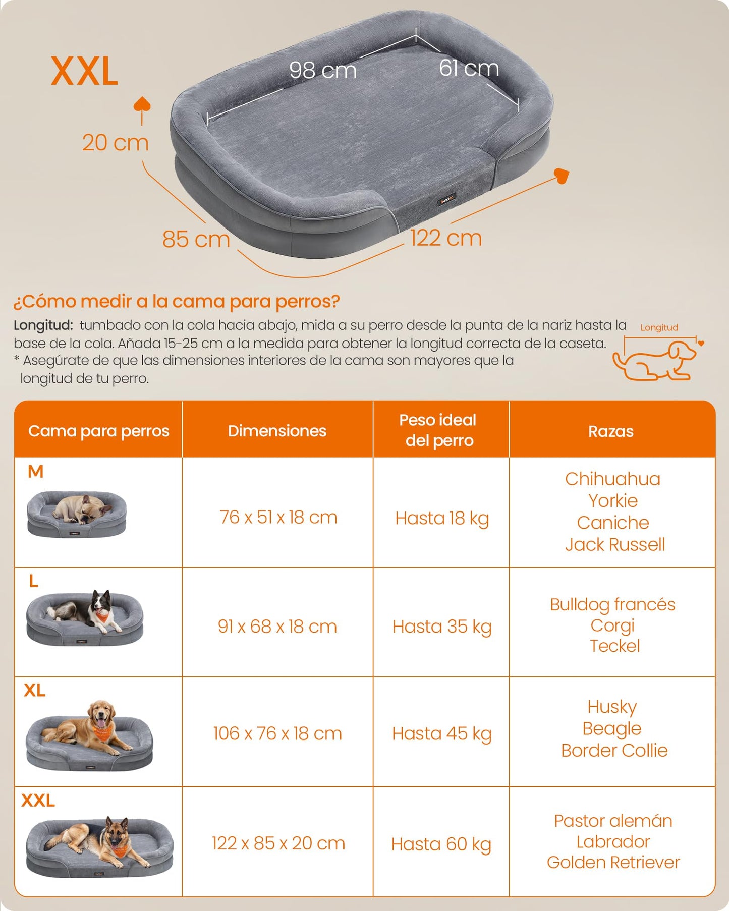 Cama para Perros Feandrea Gris Claro con Forro Repelente al Agua y Funda Extraíble