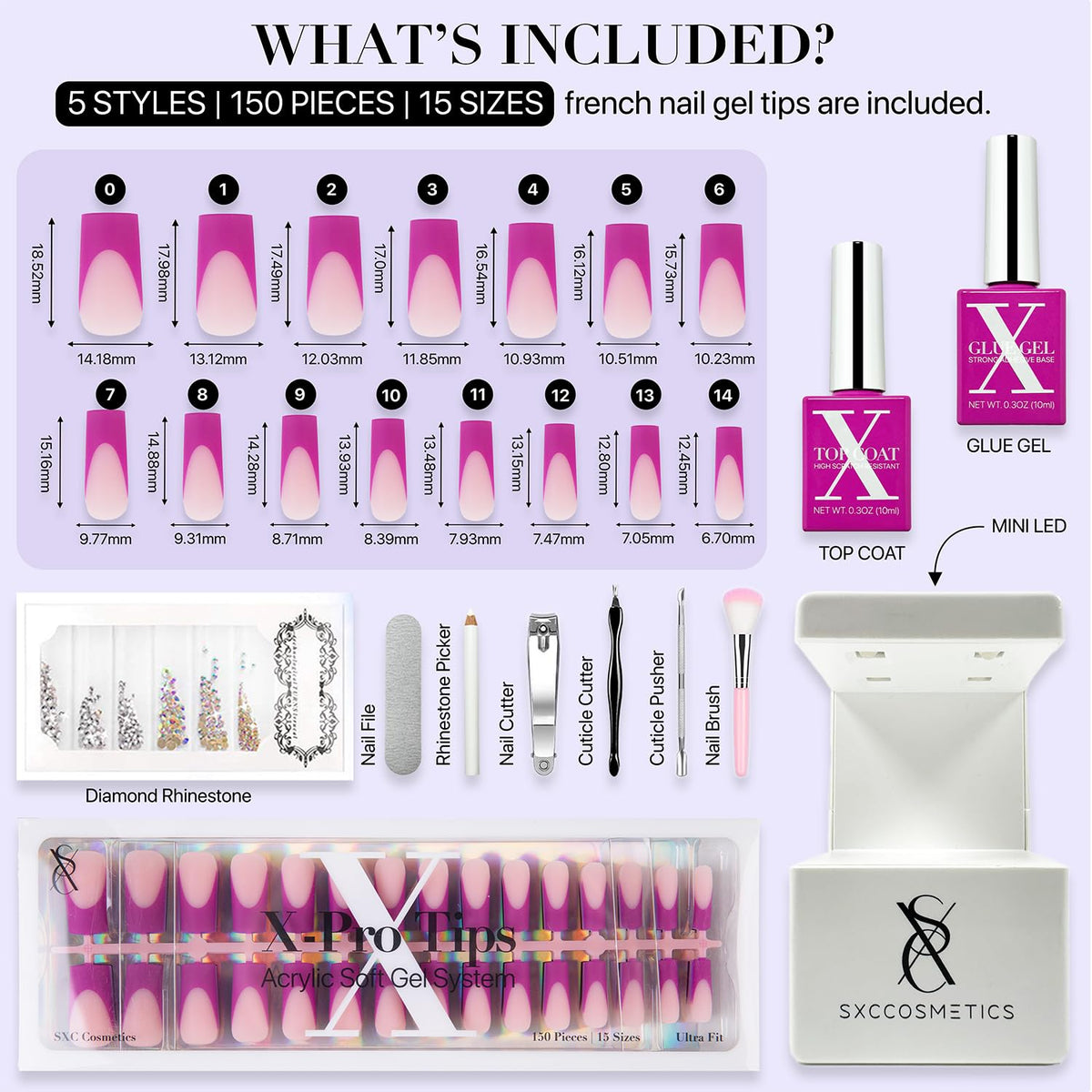 SXC Uñas Postizas con Punta Francesa Cosmetics – Serie Morada, Cuadrado Medio, Kit de Inicio X-Pro Tips | 150 Piezas, 15 Tamaños, 5 Estilos, Ideal para Principiantes