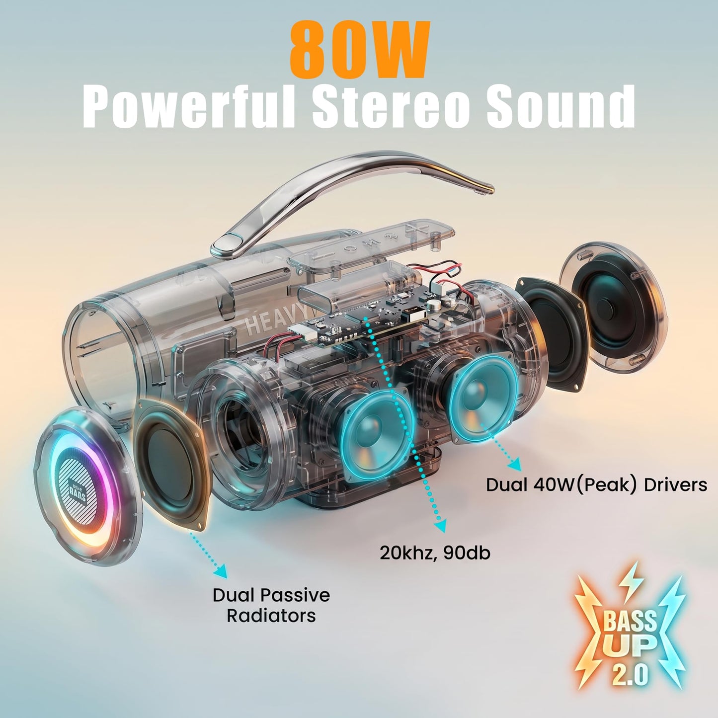 Heavy Bass - Altavoces Bluetooth inalámbricos, Altavoz portátil de 80 W máximo Alto con Graves, Tiempo de reproducción de 20 Horas, IPX6 Impermeable, Doble emparejamiento, Regalo Ideal para Adultos
