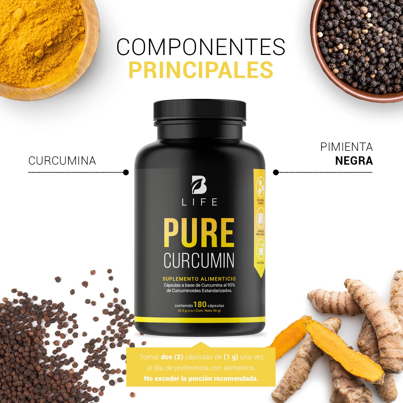 Curcumina Pura de 180 Cápsulas 1000 mg por porción. Ingredientes Naturales. Pure Curcumin B Life.