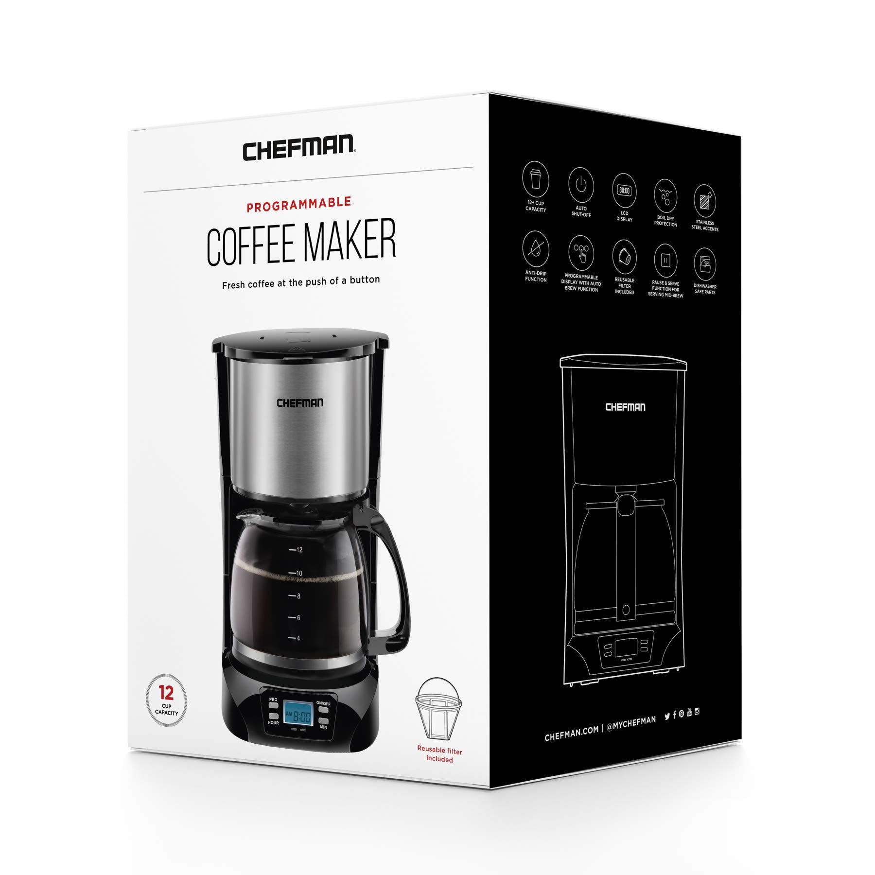 Chefman | Cafetera Programable | 12 tazas | Goteo | Filtro Reutilizable | Acero Inoxidable