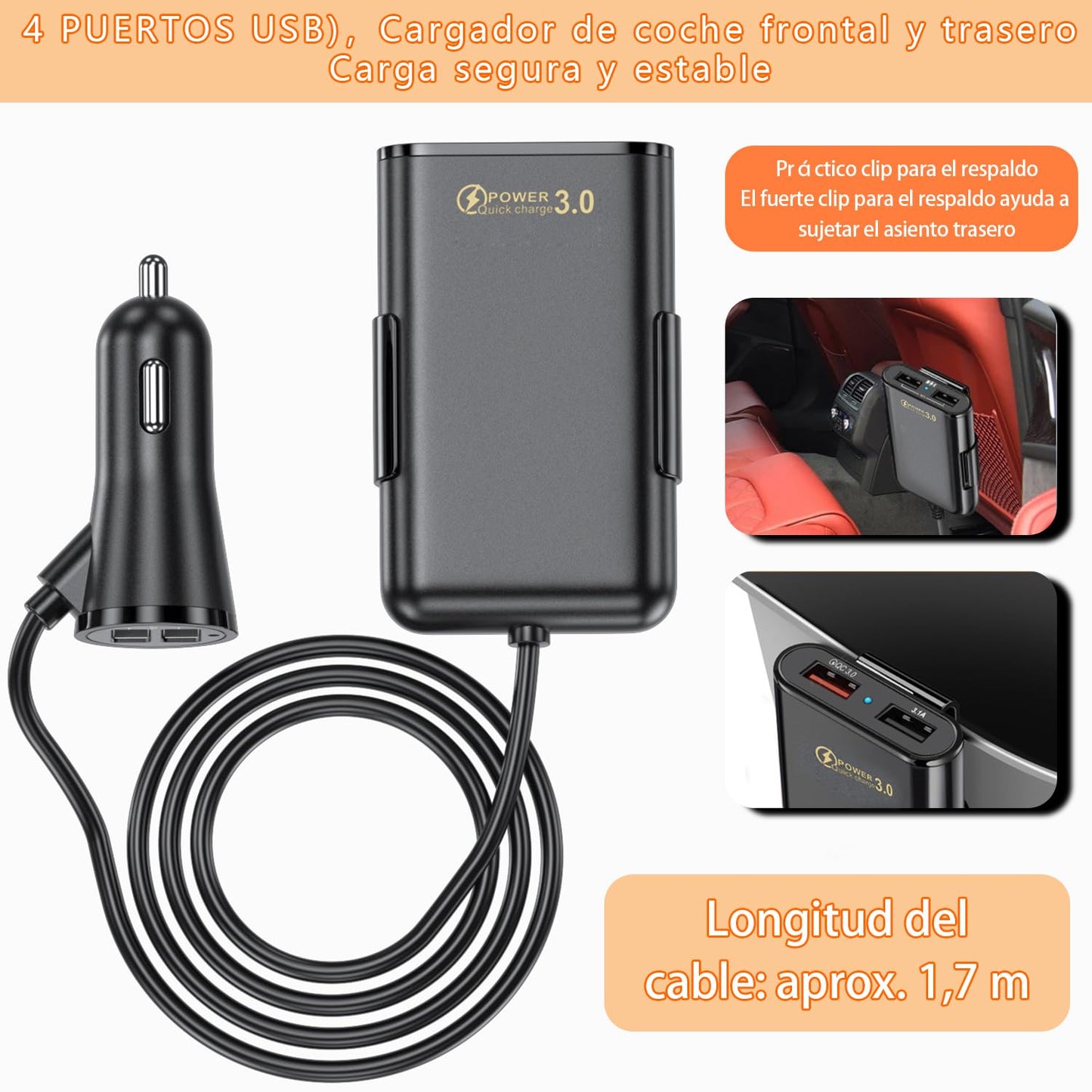 AMXYYDS Cargador para Auto USB C,Carga rapida,Cargador Coche Rápido con,Coche, QC 3.0 y PD,Cable de extensión 1.2m,Puerto USB para Auto(Redondo)