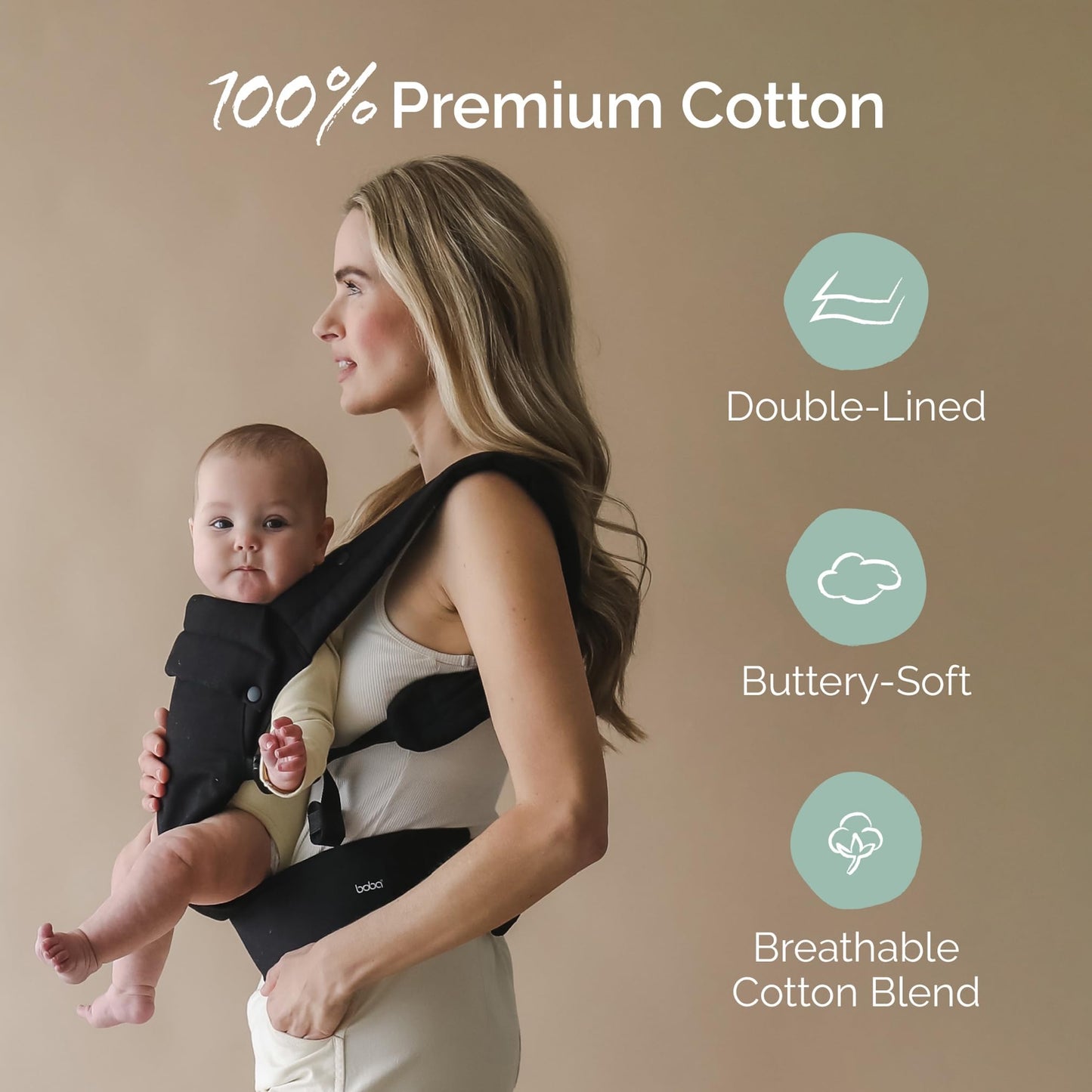 Boba Auri - Portabebés para recién nacidos y niños pequeños, 100% algodón, 3 posiciones ergonómicas (delantera/delantera/trasera), portabebés con posición M con asiento ajustable (7-45 libras), color