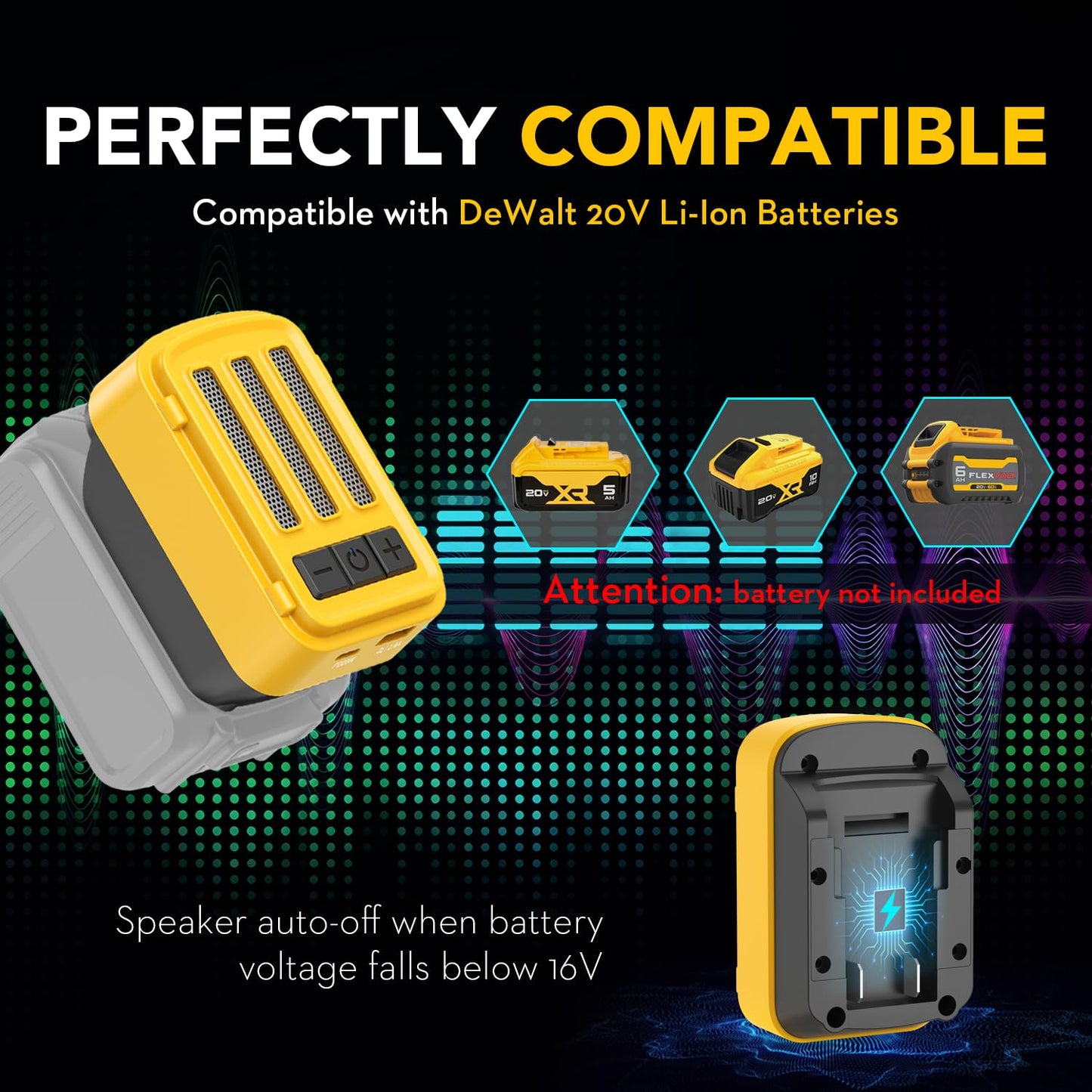 SurgeSonic - Altavoz Bluetooth para batería Dewalt de 20 V máximo, altavoz inalámbrico con carga USB-A/C, para lugares de trabajo al aire última intervensión, fiestas, cochera, campamento (batería no