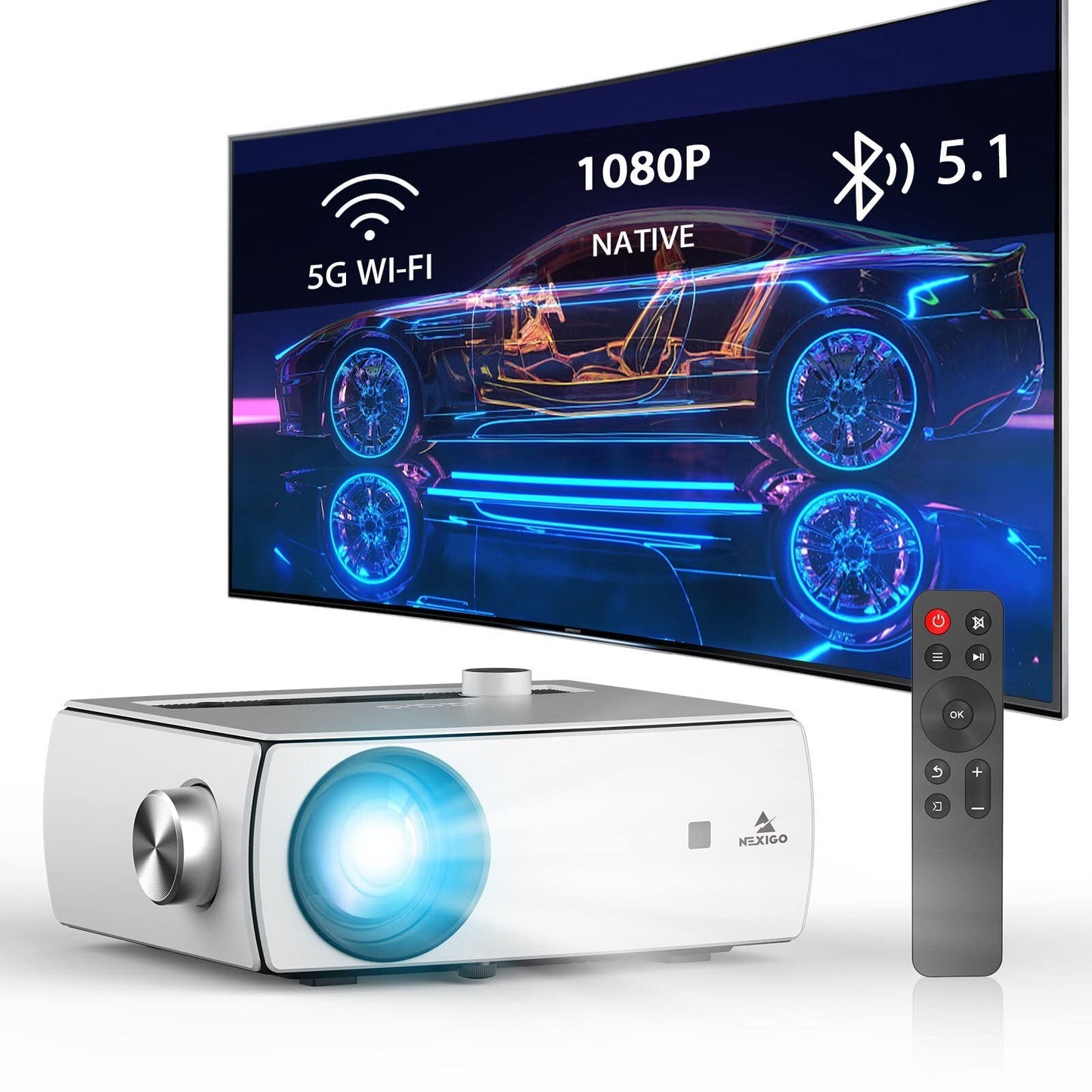 NexiGo - Proyector Bluetooth WiFi PJ10, 300ANSI, proyector de película nativo 1080P, soporte Dolby_Sound, control remoto, compatible con teléfono, computadora, HDMI, USB, interfaces AV