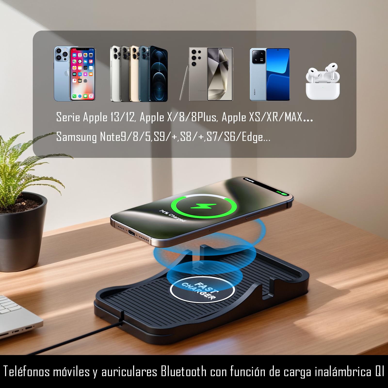 IOPDXZW Base de Carga inalámbrica para Auto,15 W Cargador inalambrico automovil tapete, Almohadilla de Carga inalámbrica para Auto para teléfonos móviles y Auriculares con Carga inalámbrica