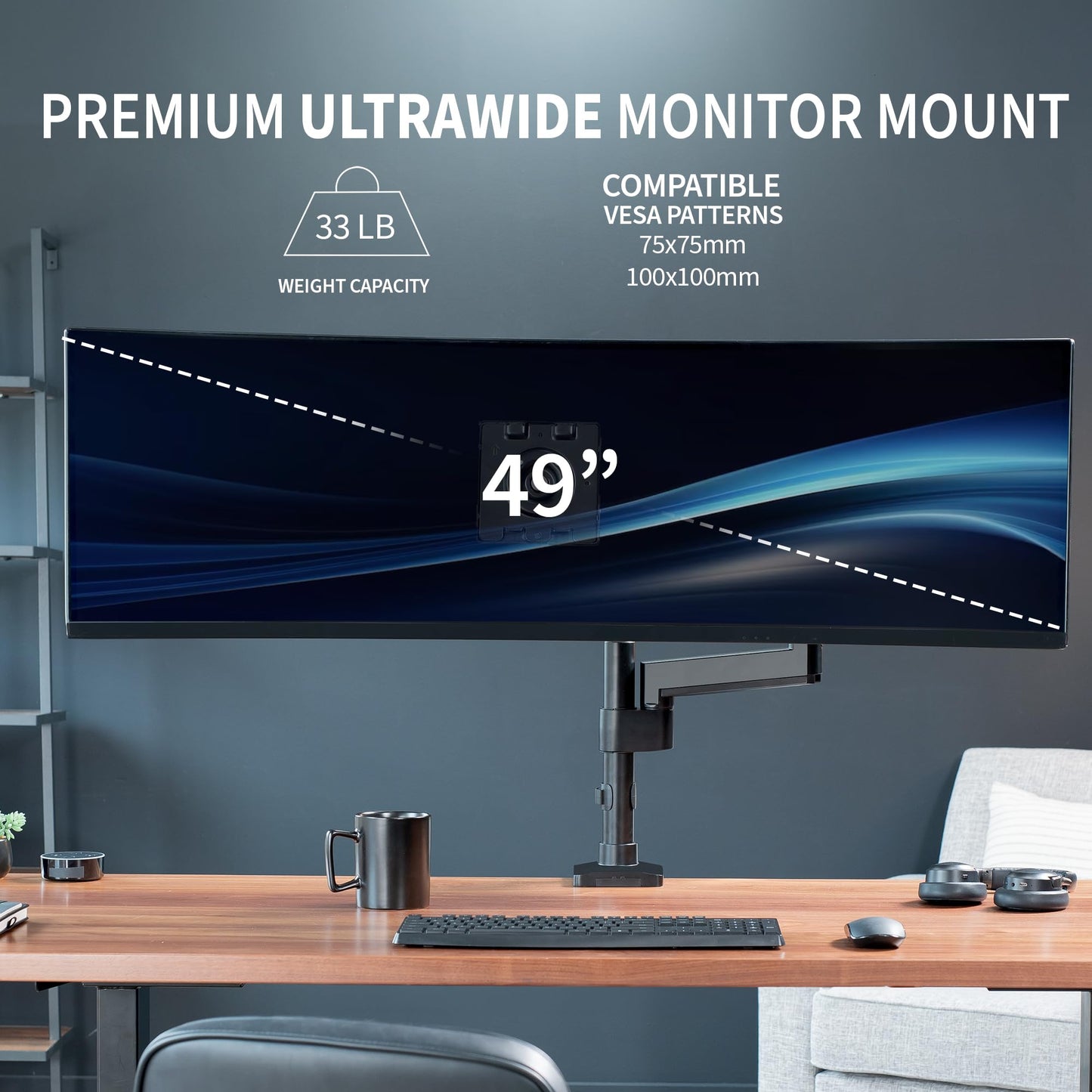 Brazo de Monitor VIVO Negro para Monitores Ultrawide de hasta 49 Pulgadas 33 Libras Montaje Neumático de Escritorio