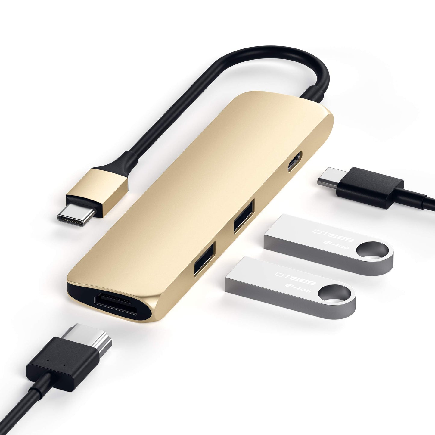 SATECHI Adaptador Multi Puertos Tipo-C Slim con USB-C Pass-Through, 4K HDMI, USB 3.0 - para M2/ M1 MacBook Pro/Air, M2/ M1 iPad Pro/Air, M2 Mac Mini, iMac M1 (Oro)