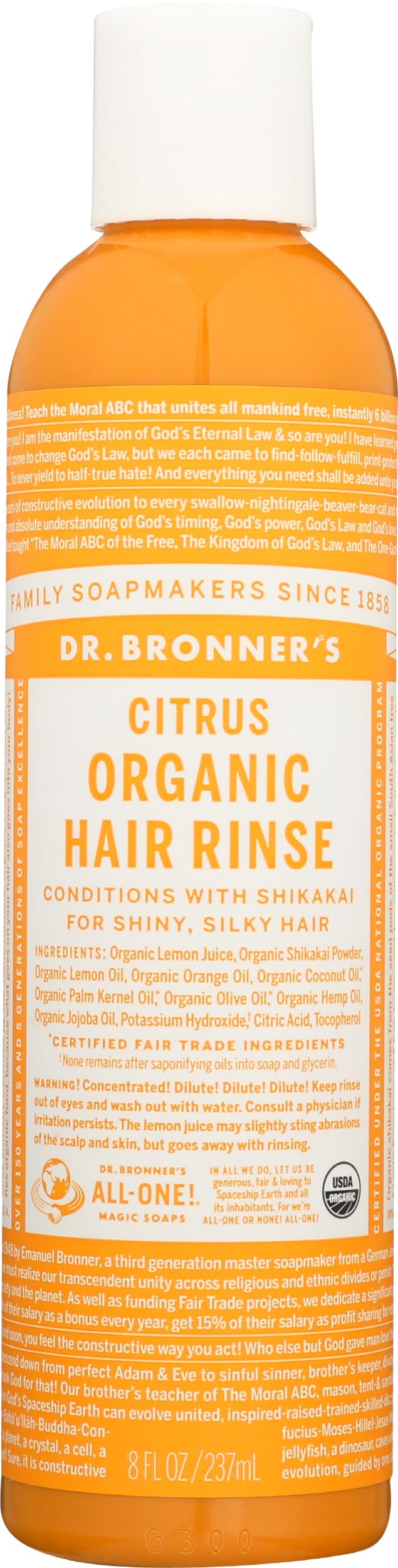 Dr. Bronner's | Acondicionador orgánico con ácido de cítricos, suaviza y desenreda el cabello, dejándolo manejable y brillante – 237 ml