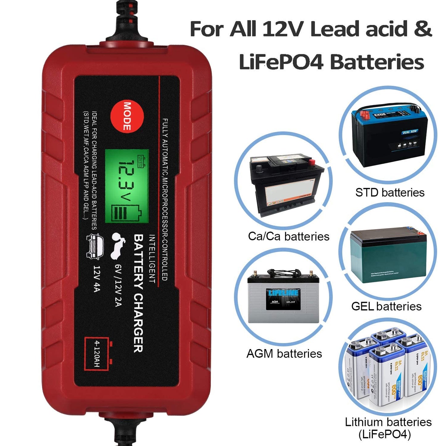 Sailnovo - Cargador de batería inteligente para coche, 6 V, 12 V, cargador de automóvil, totalmente automático, 8 etapas, batería de automóvil, 4 A, cargador de batería inteligente portátil de 6 V, 12